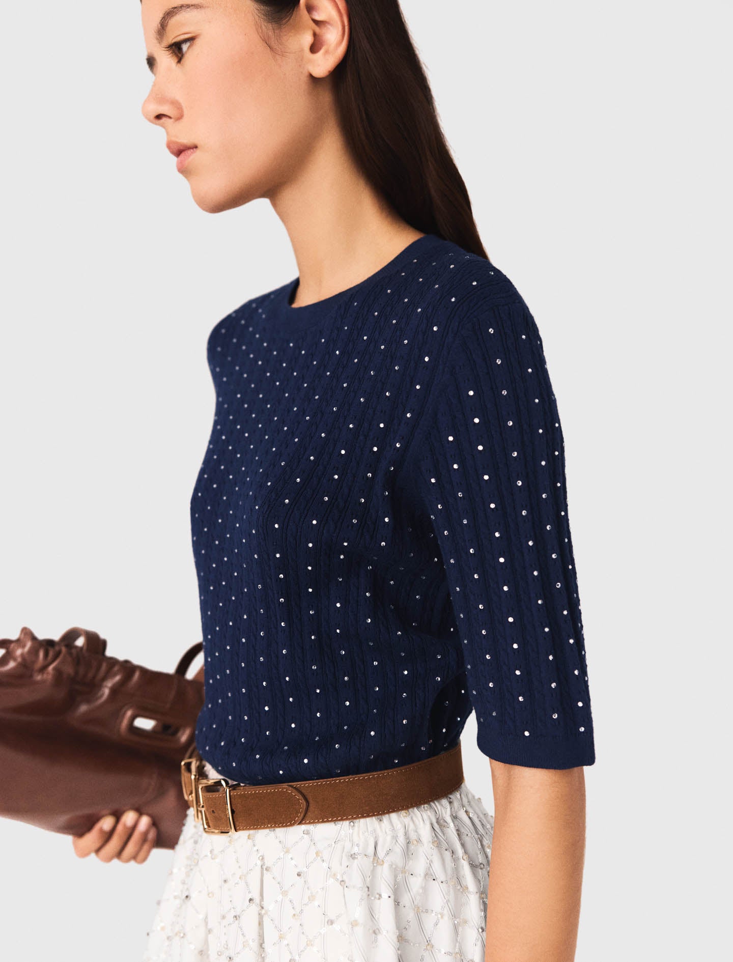Round-Neck Rhinestone Jumper Navy