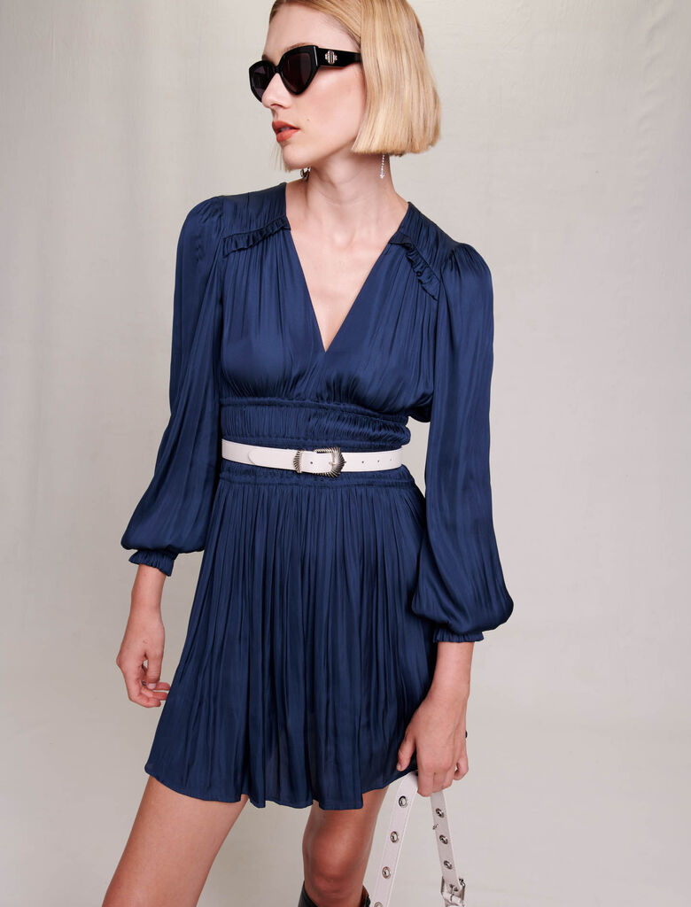 Navy SATIN DRESS WITH RUFFLES