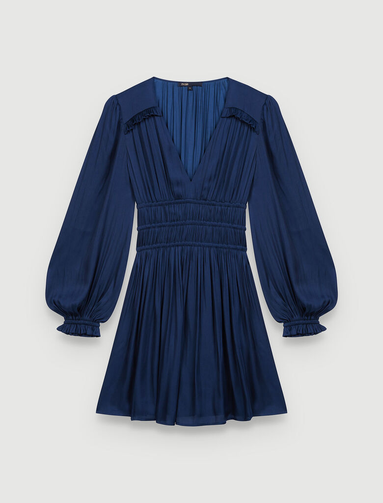 Navy SATIN DRESS WITH RUFFLES