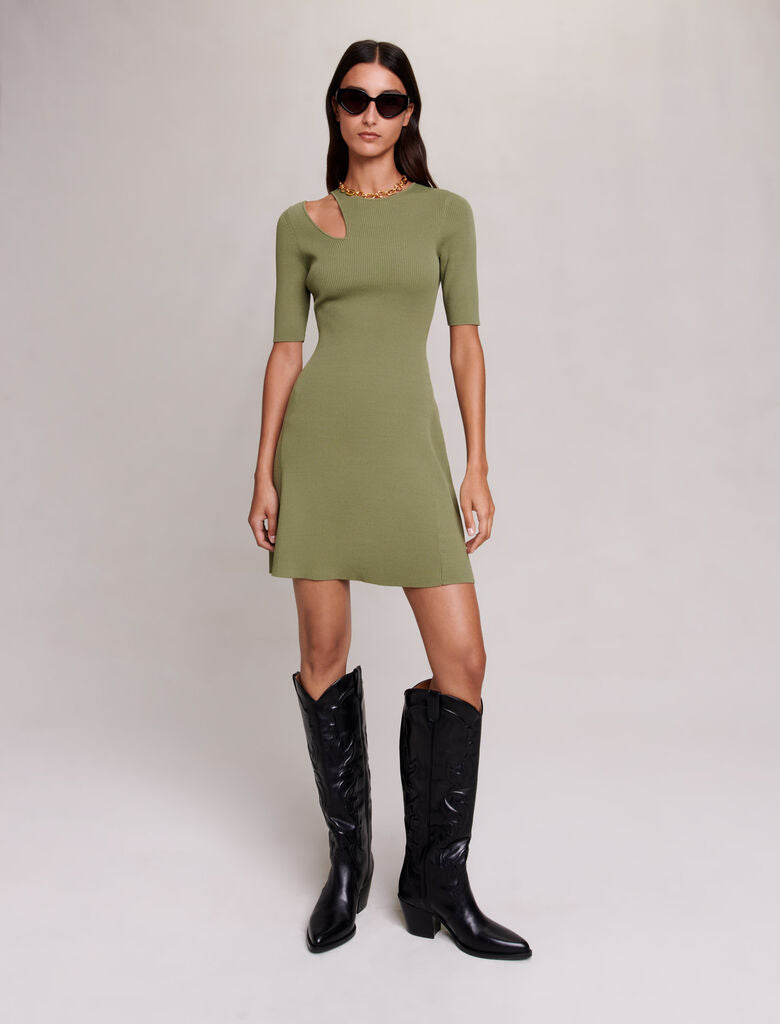 Khaki featured KNIT DRESS WITH CUT-OUT AT THE SHOULDER