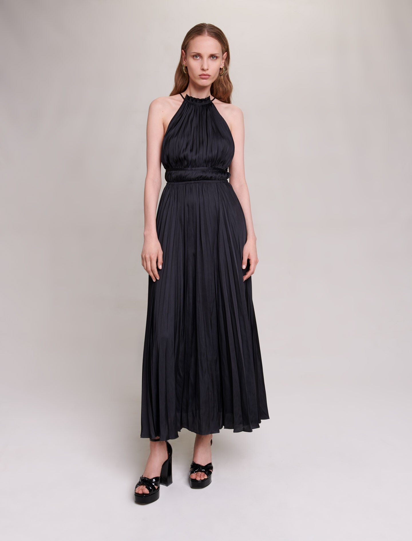 Black-featured-pleated satin maxi dress