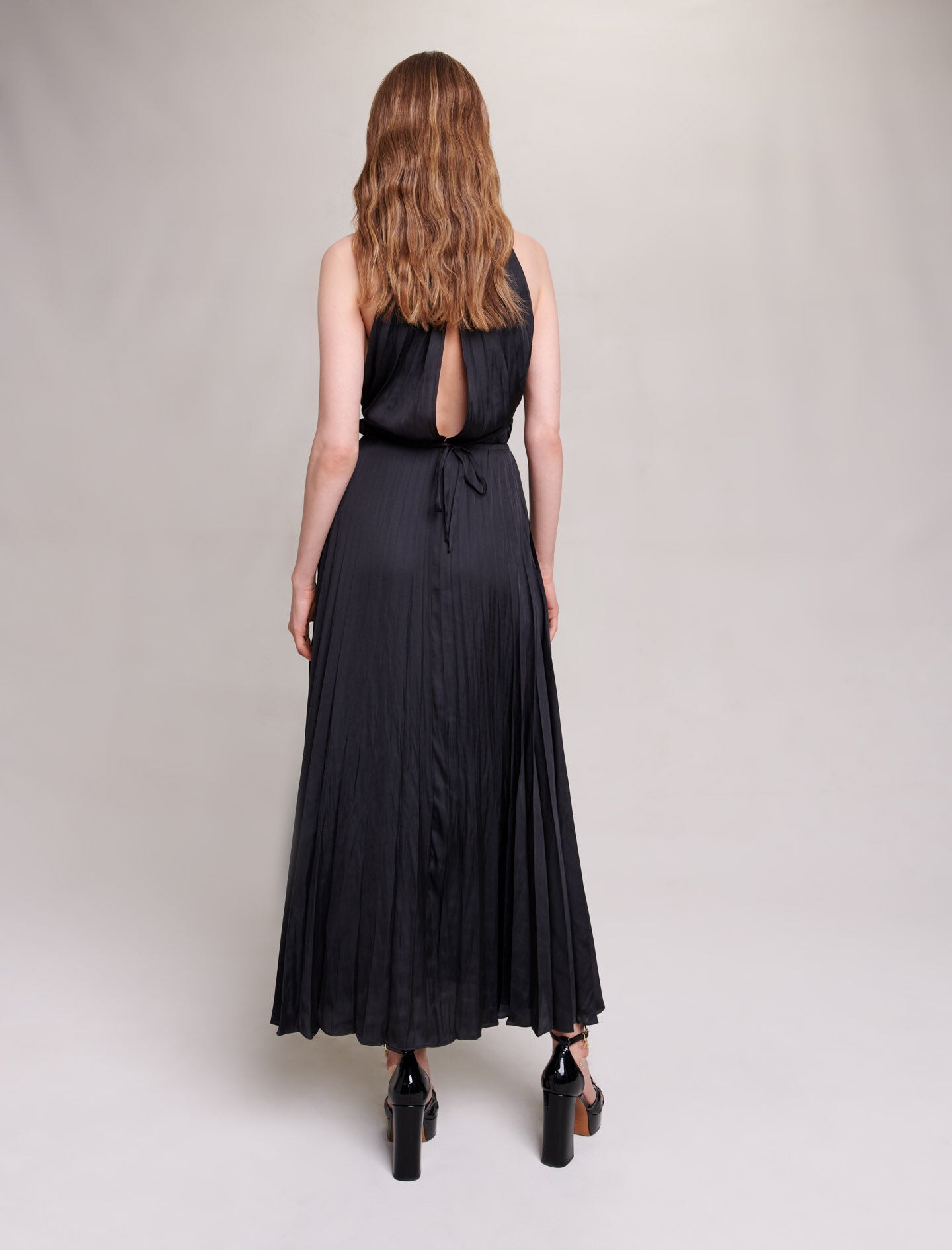 Black-pleated satin maxi dress