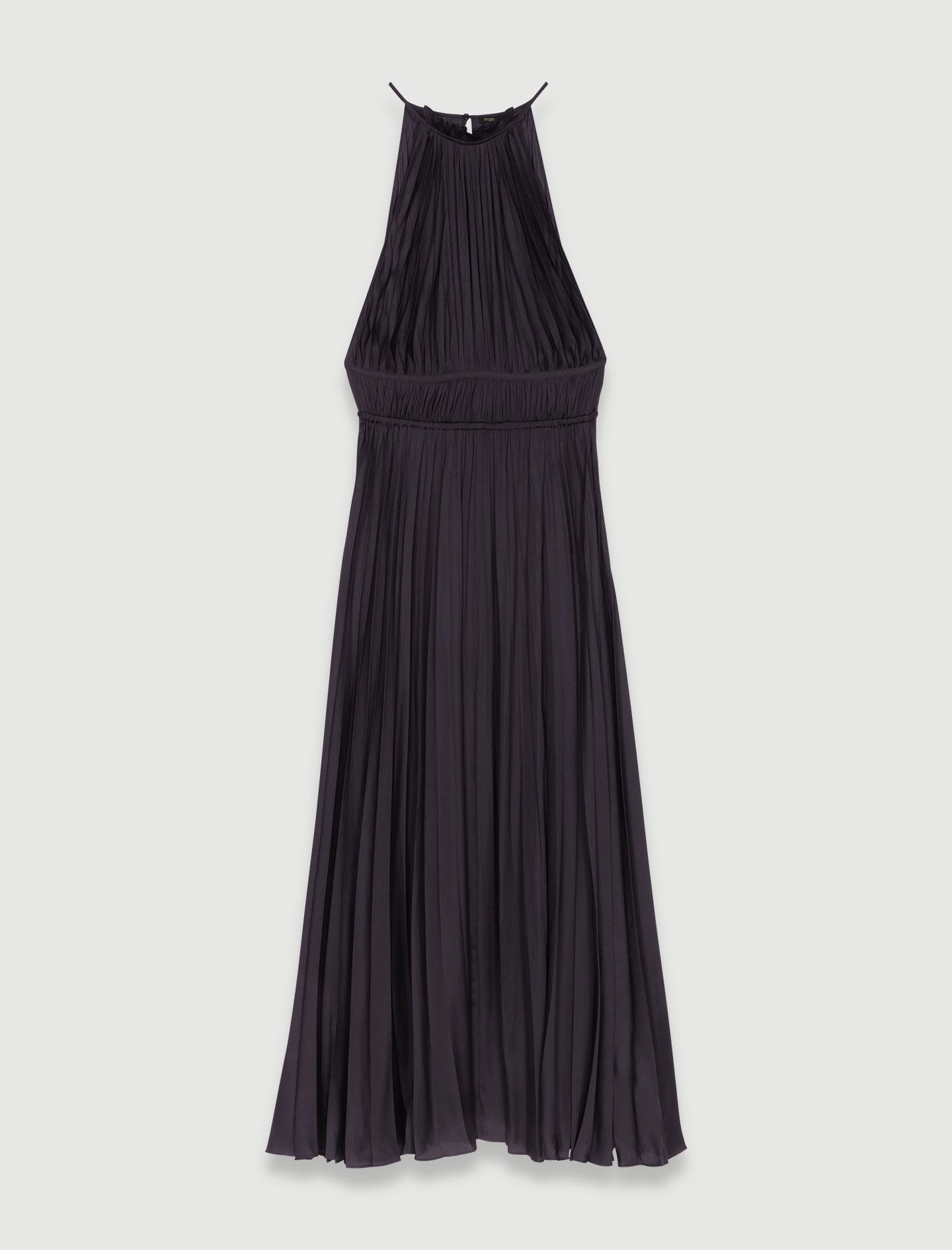 Black-pleated satin maxi dress