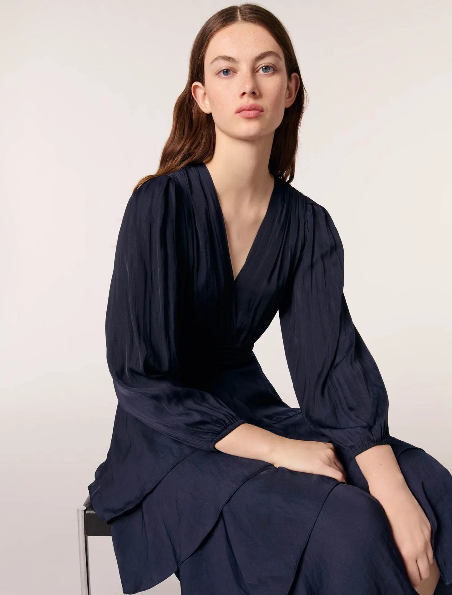 Navy-Ruffled Maxi Dress