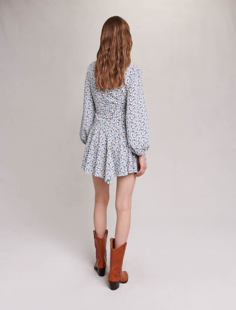 Écru/Blue lily of the valley Short crepe dress