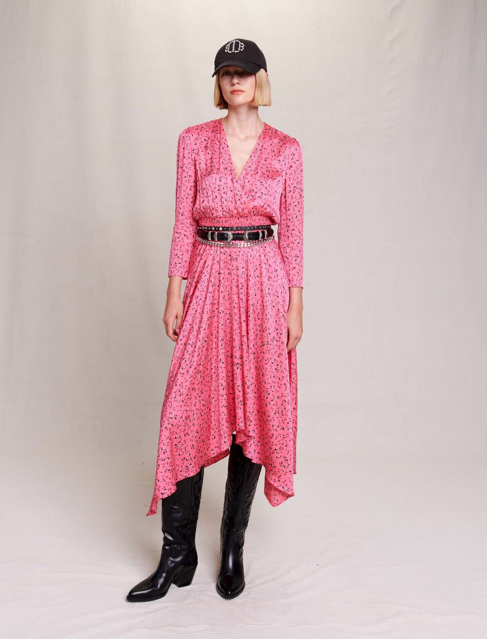 Pink small flowers print-featured-Floral print midi-length dress