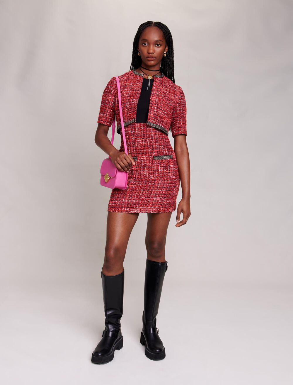 Red featured  2-in-1 tweed dress