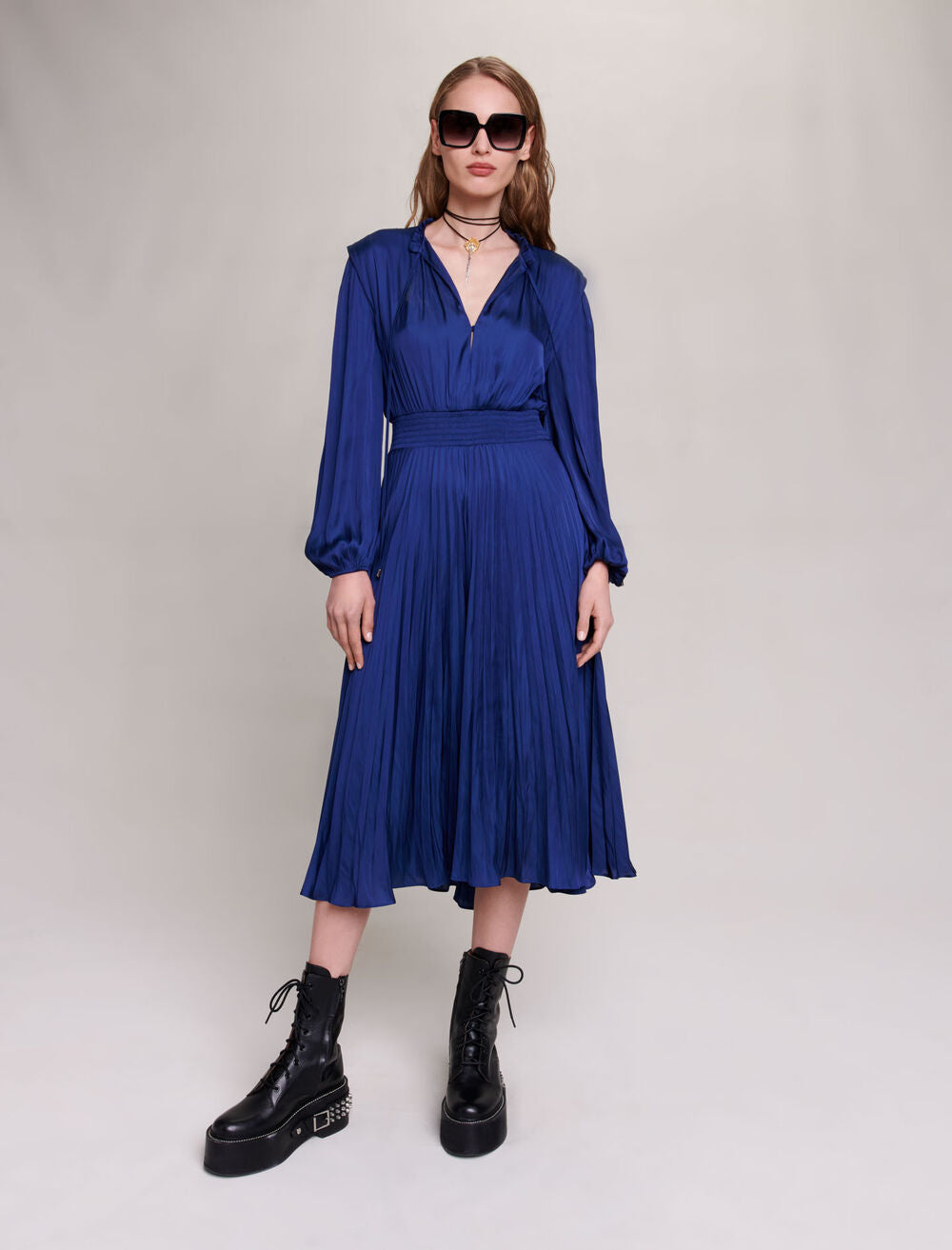 Klein Blue-featured-PLEATED AND SATINY MIDI DRESS
