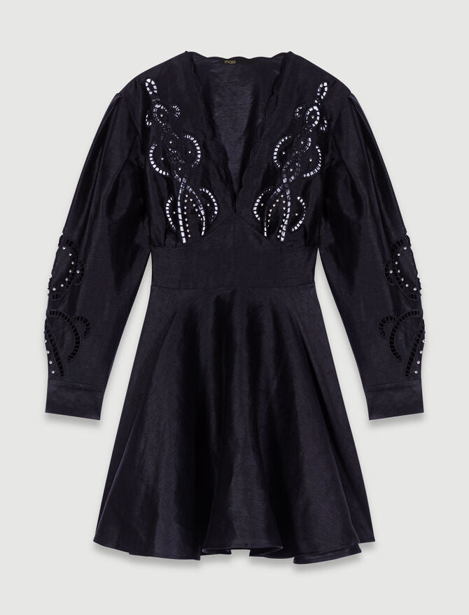 Black-Short embroidered linen dress