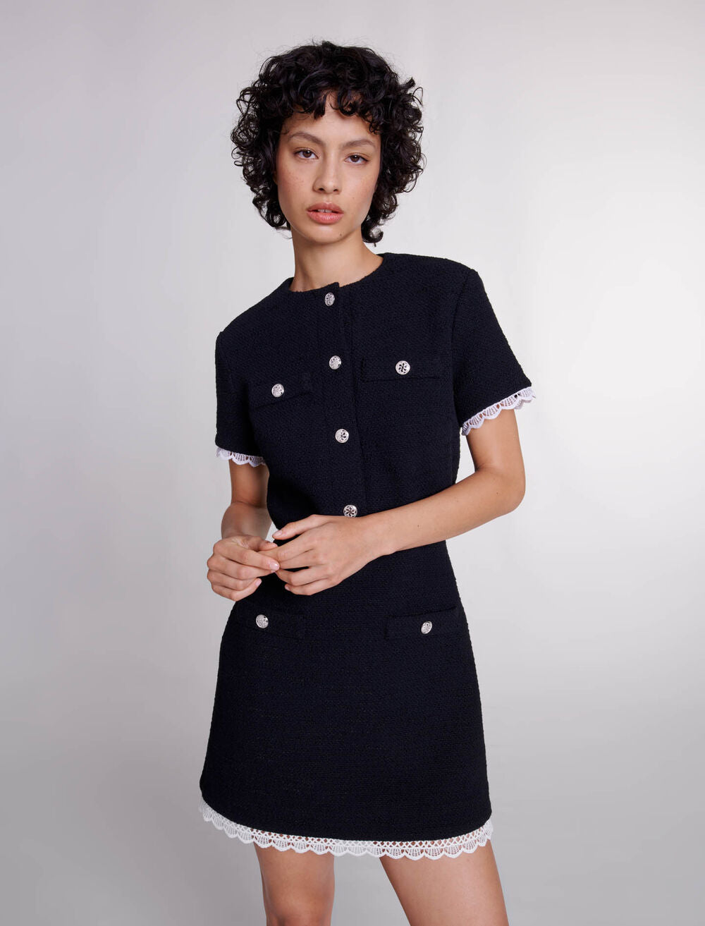 Black-featured-Short tweed dress with trim