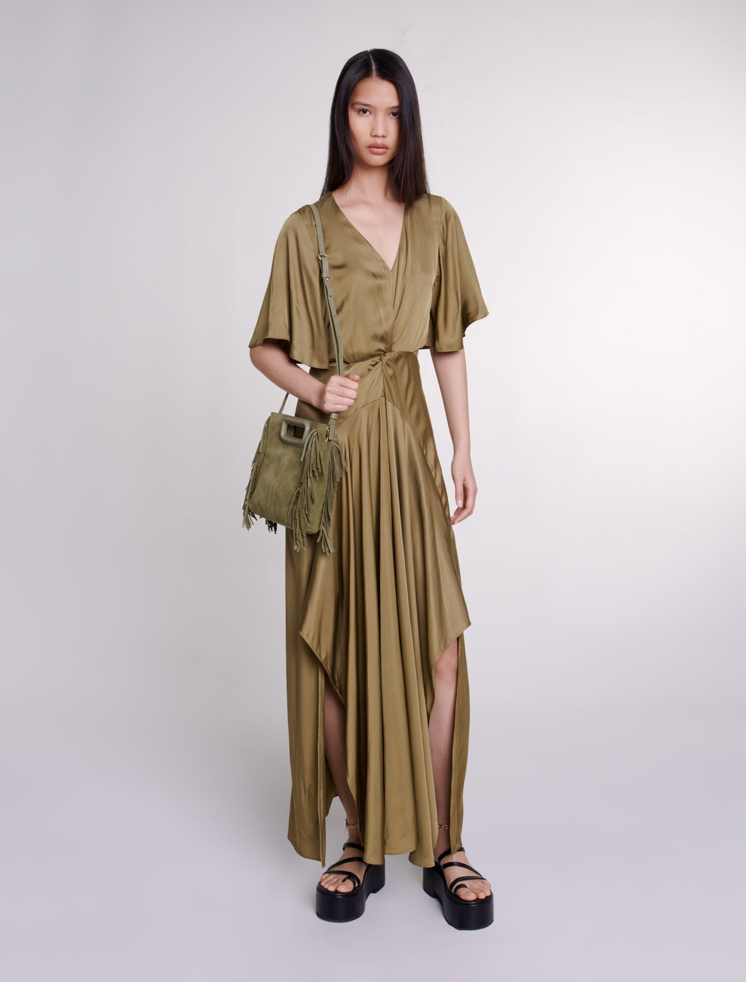 Khaki featured  Openwork satin-effect maxi dress