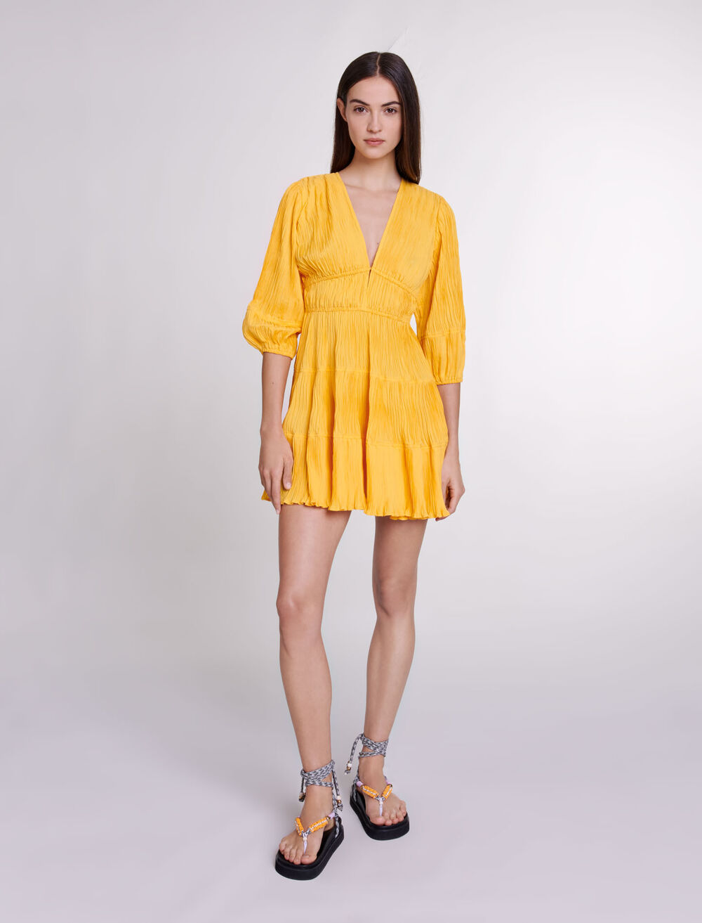 Yellow-featured-Ruched short dress