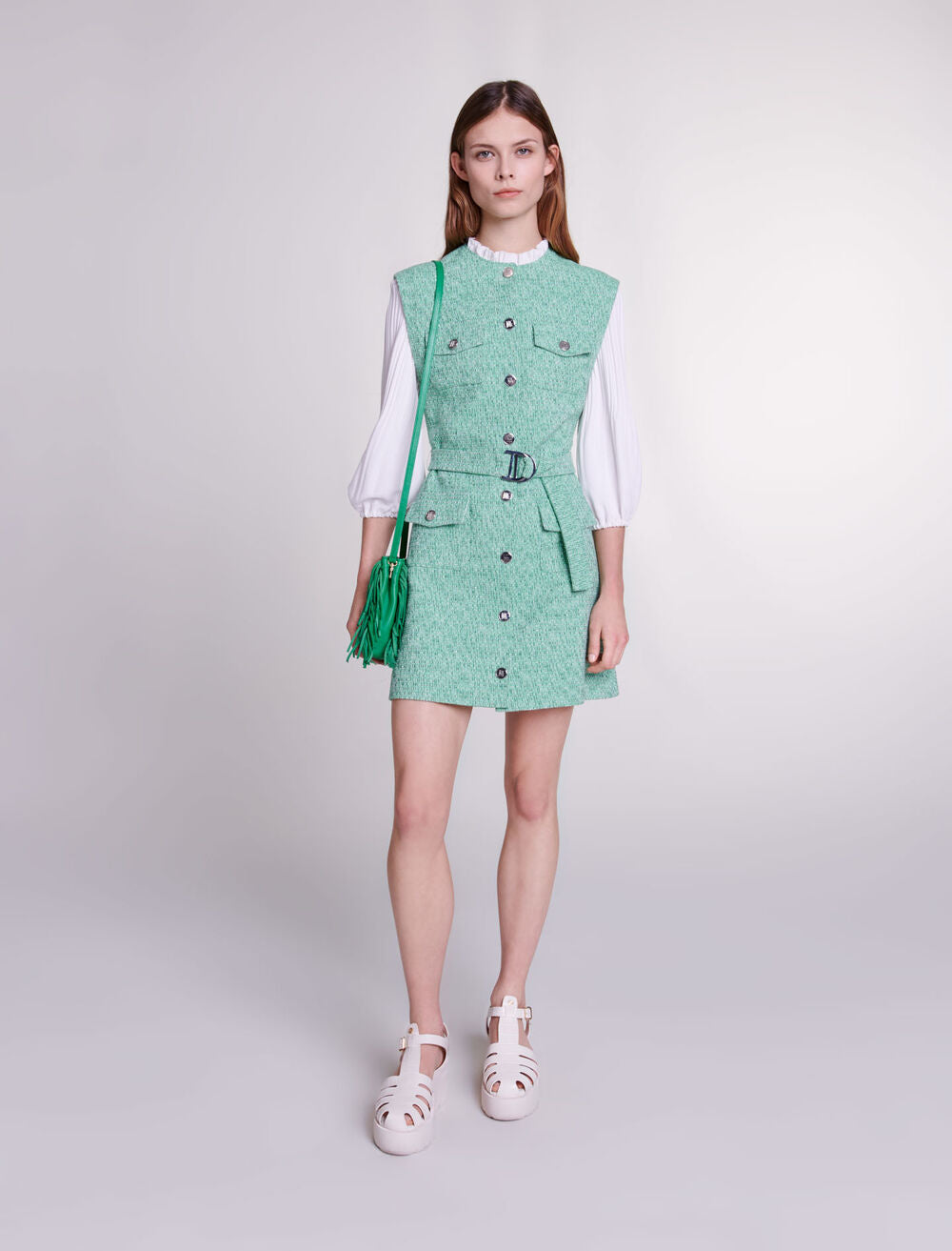 Green-featured-Dual-material tweed dress