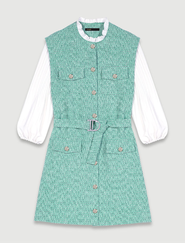 Green-Dual-material tweed dress