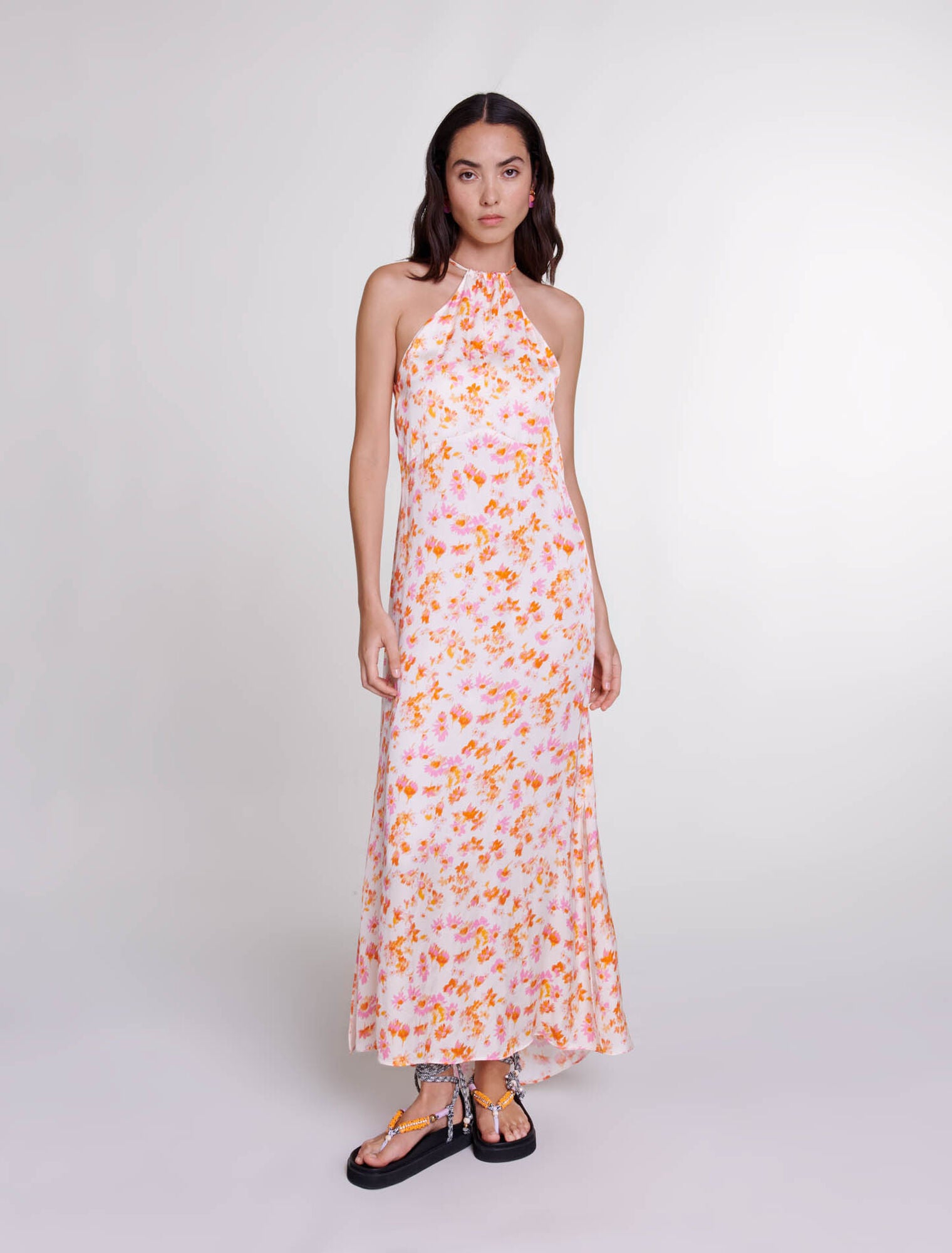 Sping Orange Flower Print featured Floral satin-effect maxi dress