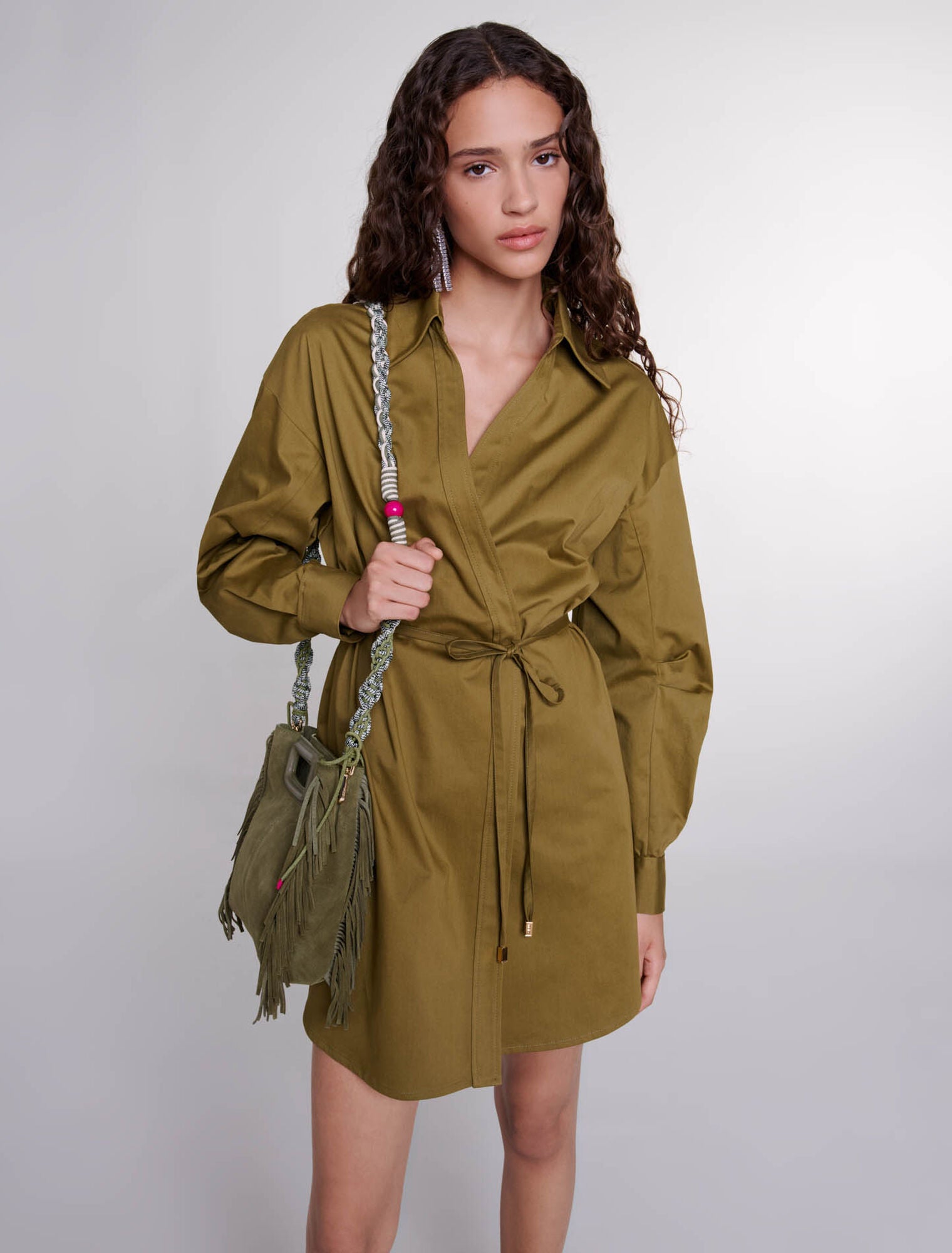 Khaki-Cutaway wrap dress