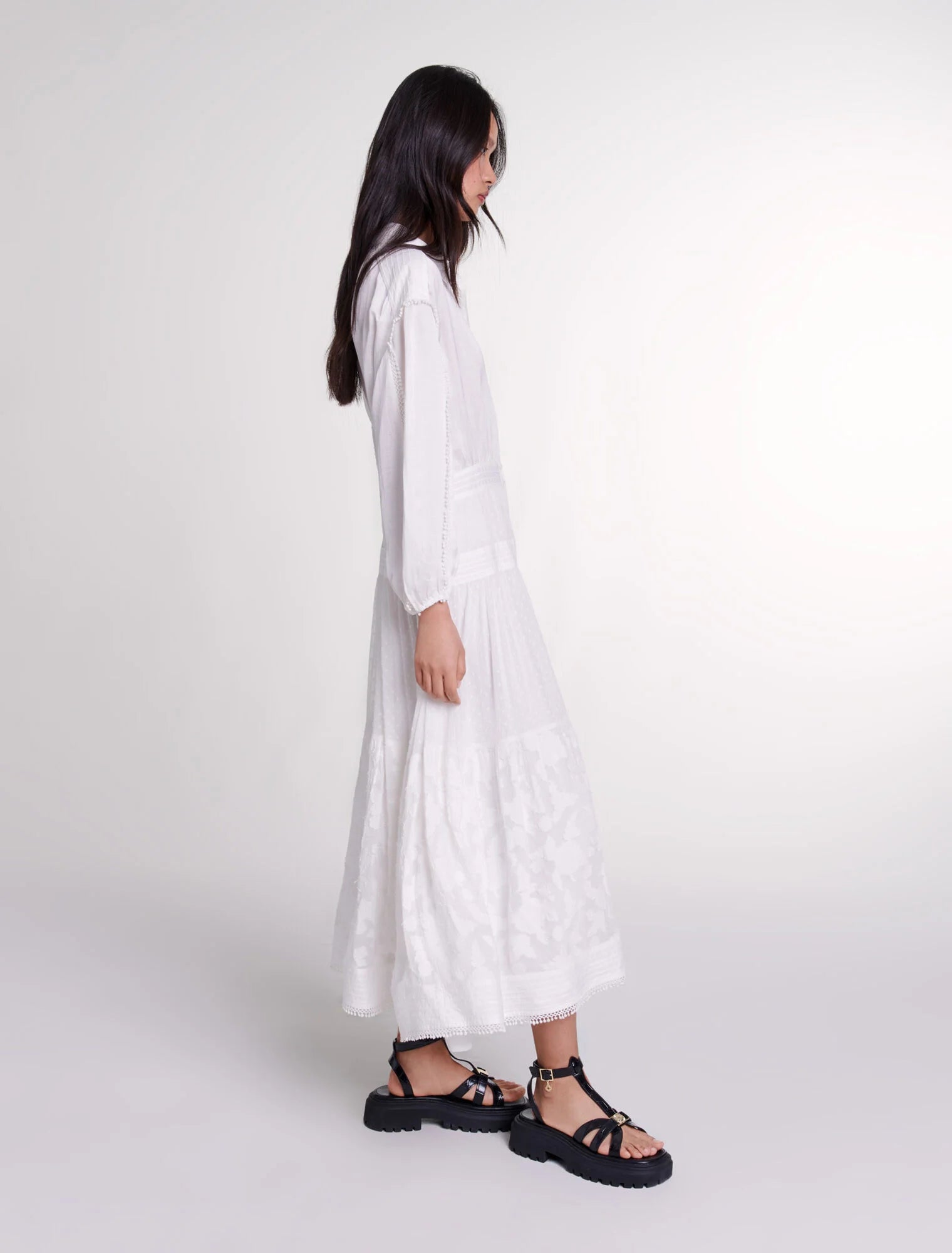 Ecru-Cotton patchwork maxi dress