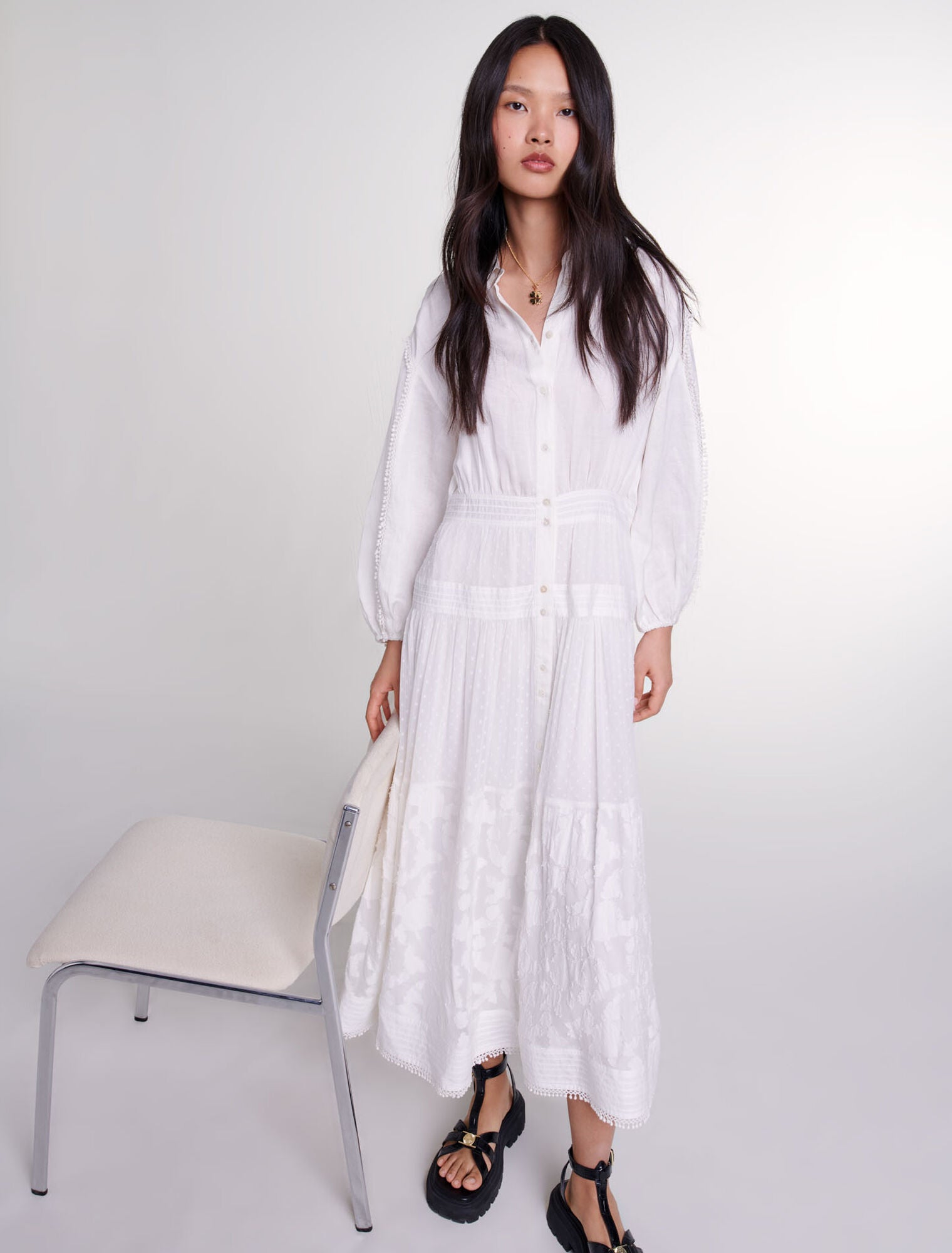 Ecru-Cotton patchwork maxi dress