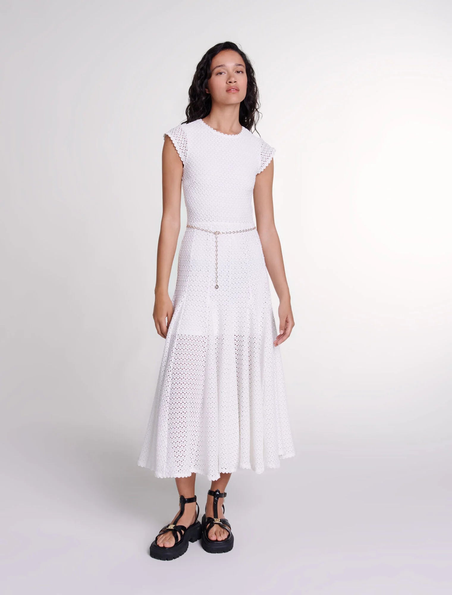 White-featured-Crochet-knit maxi dress