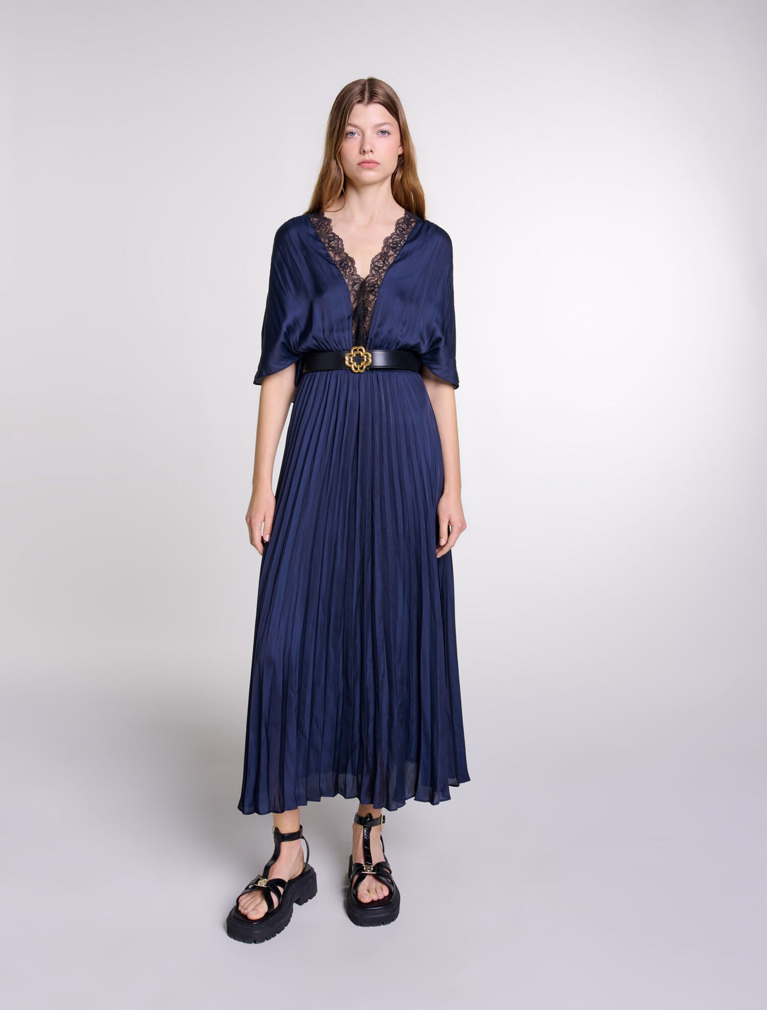 Navy/Black featured Pleated maxi dress with lace