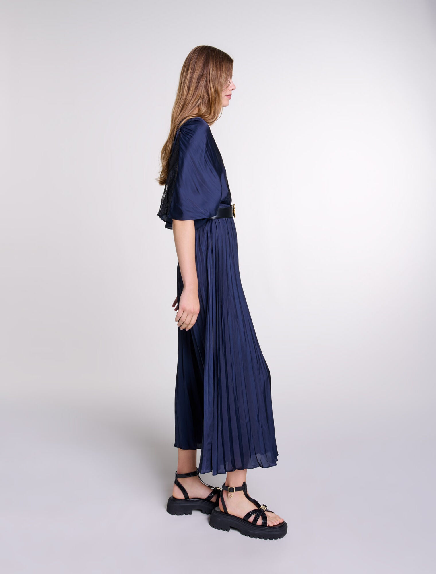 Navy/Black Pleated maxi dress with lace