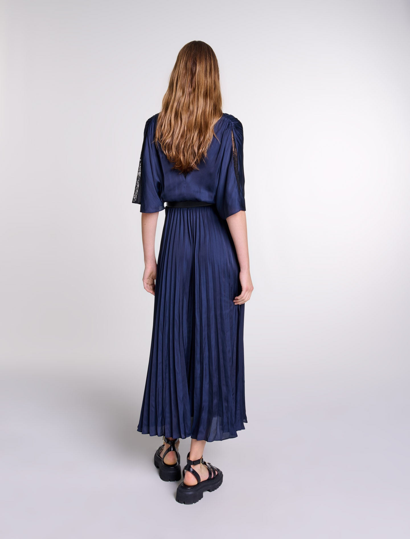 Navy/Black Pleated maxi dress with lace