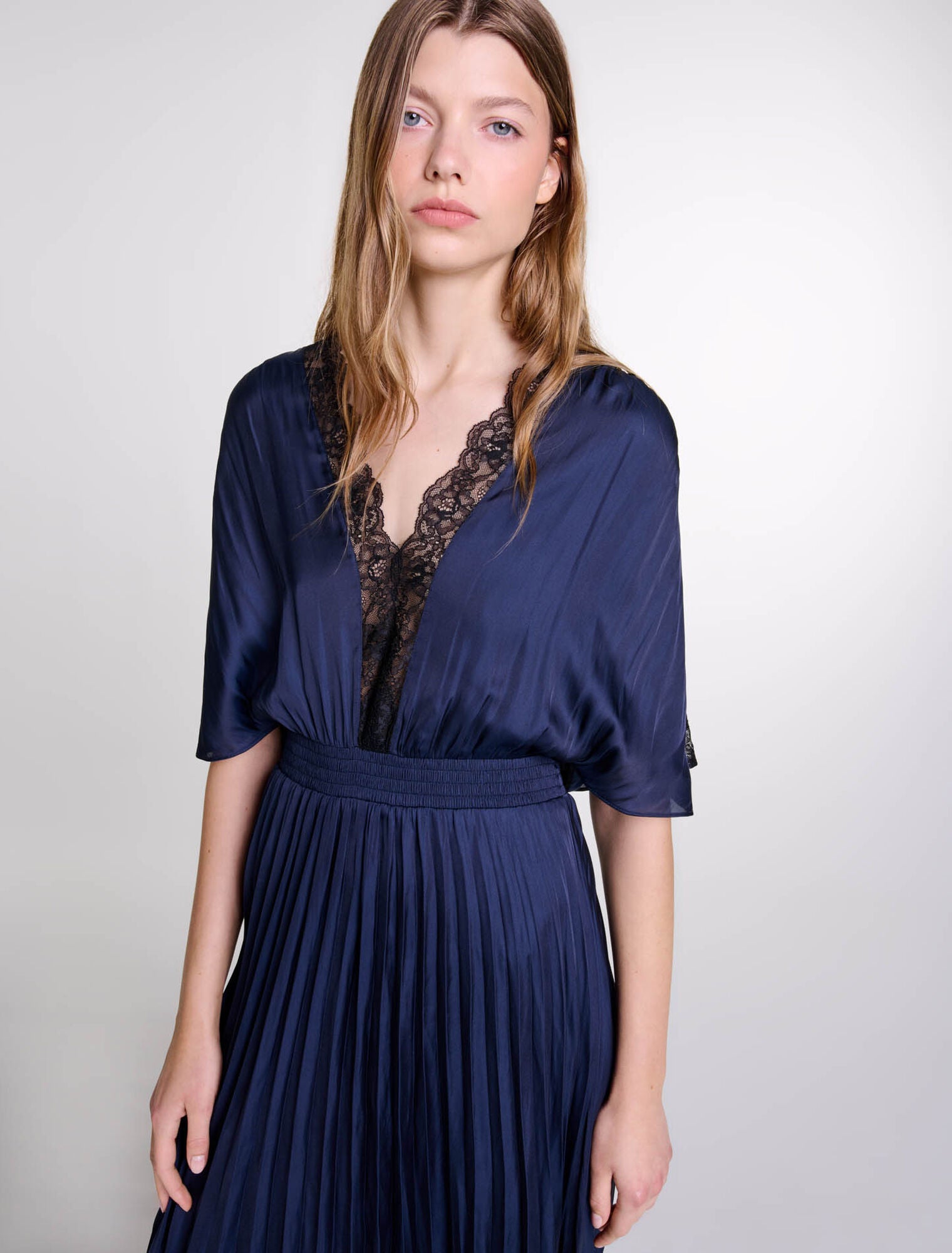 Navy/Black Pleated maxi dress with lace