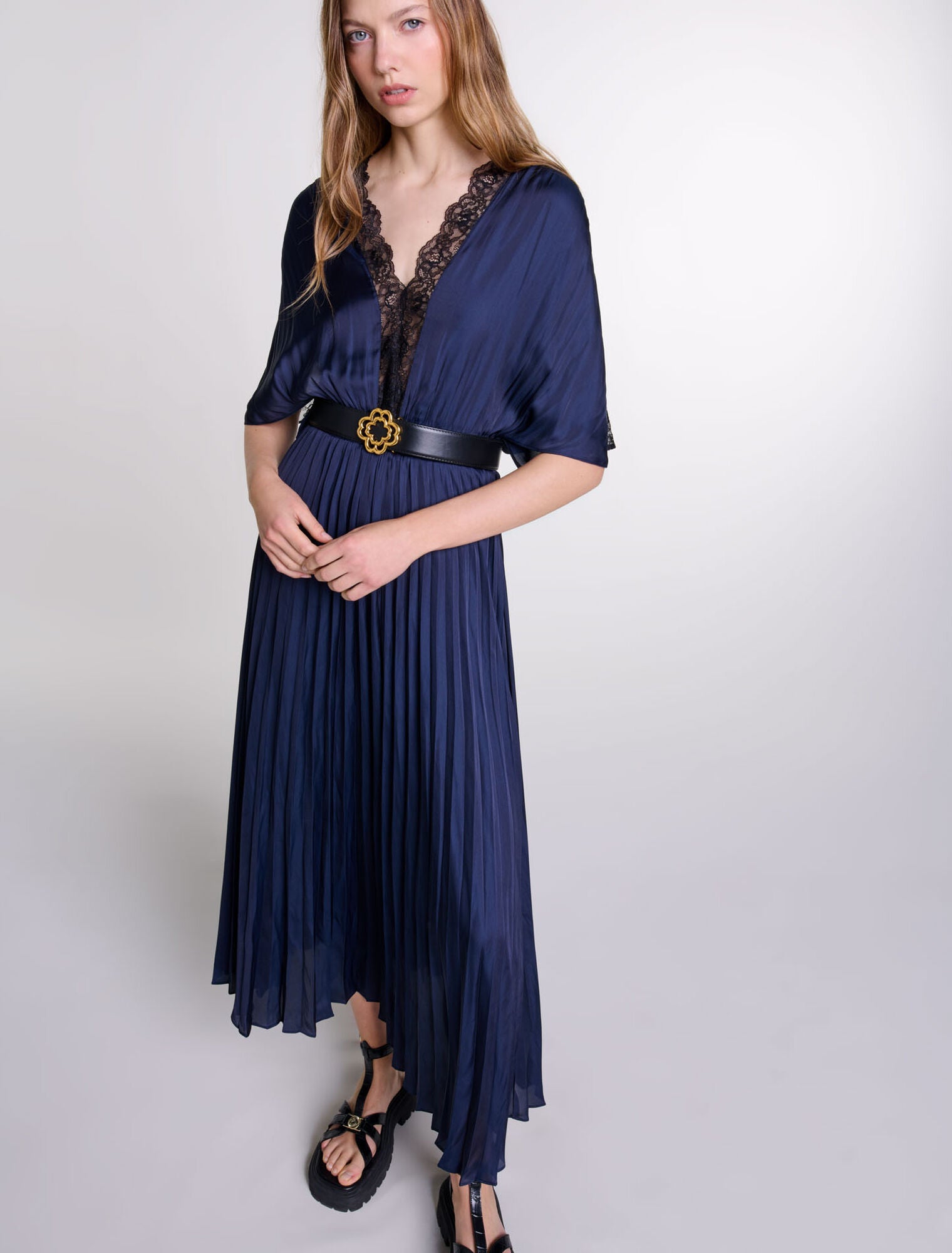 Navy/Black Pleated maxi dress with lace