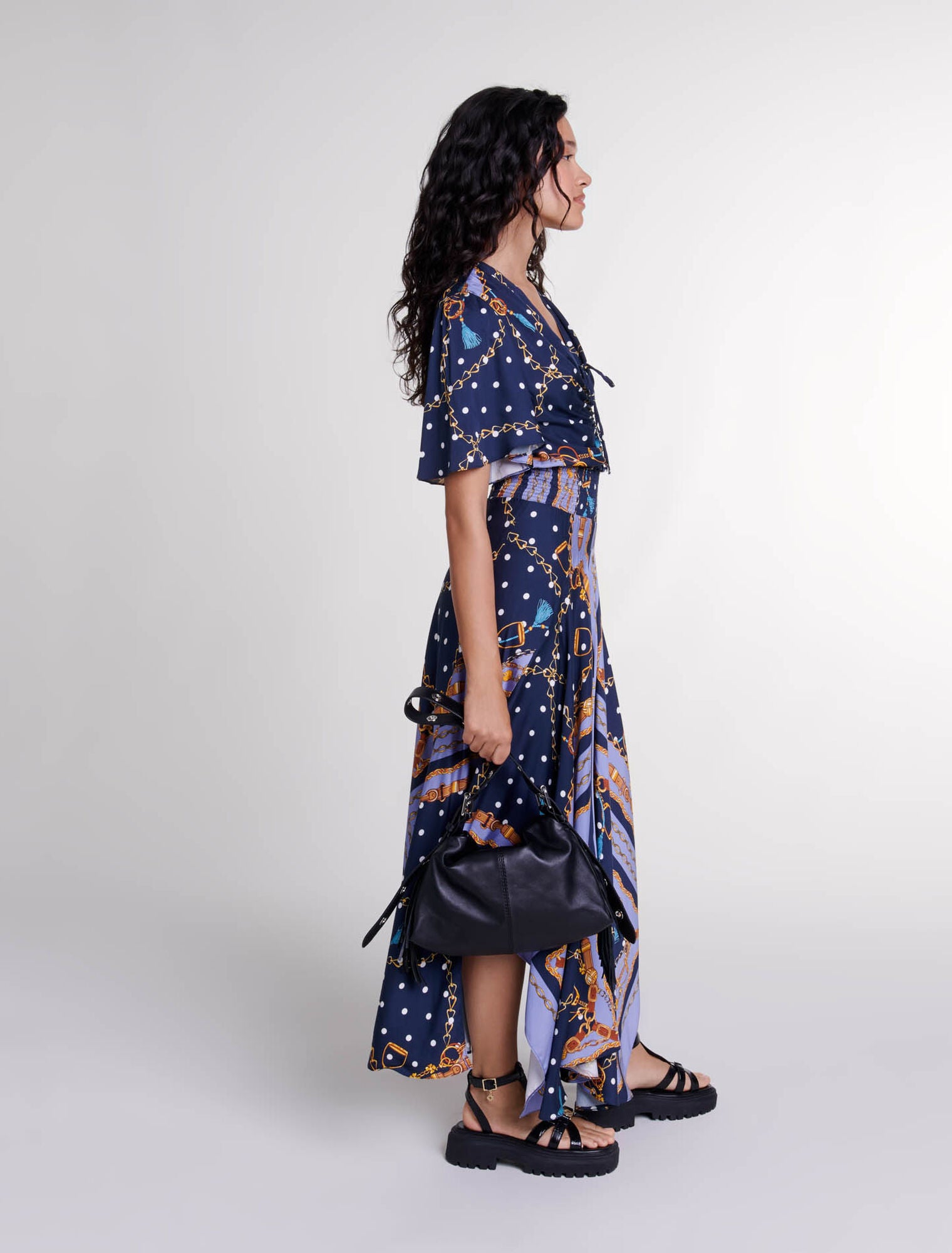 Chain Scarf Print Blue-Satin-look patterned maxi dress