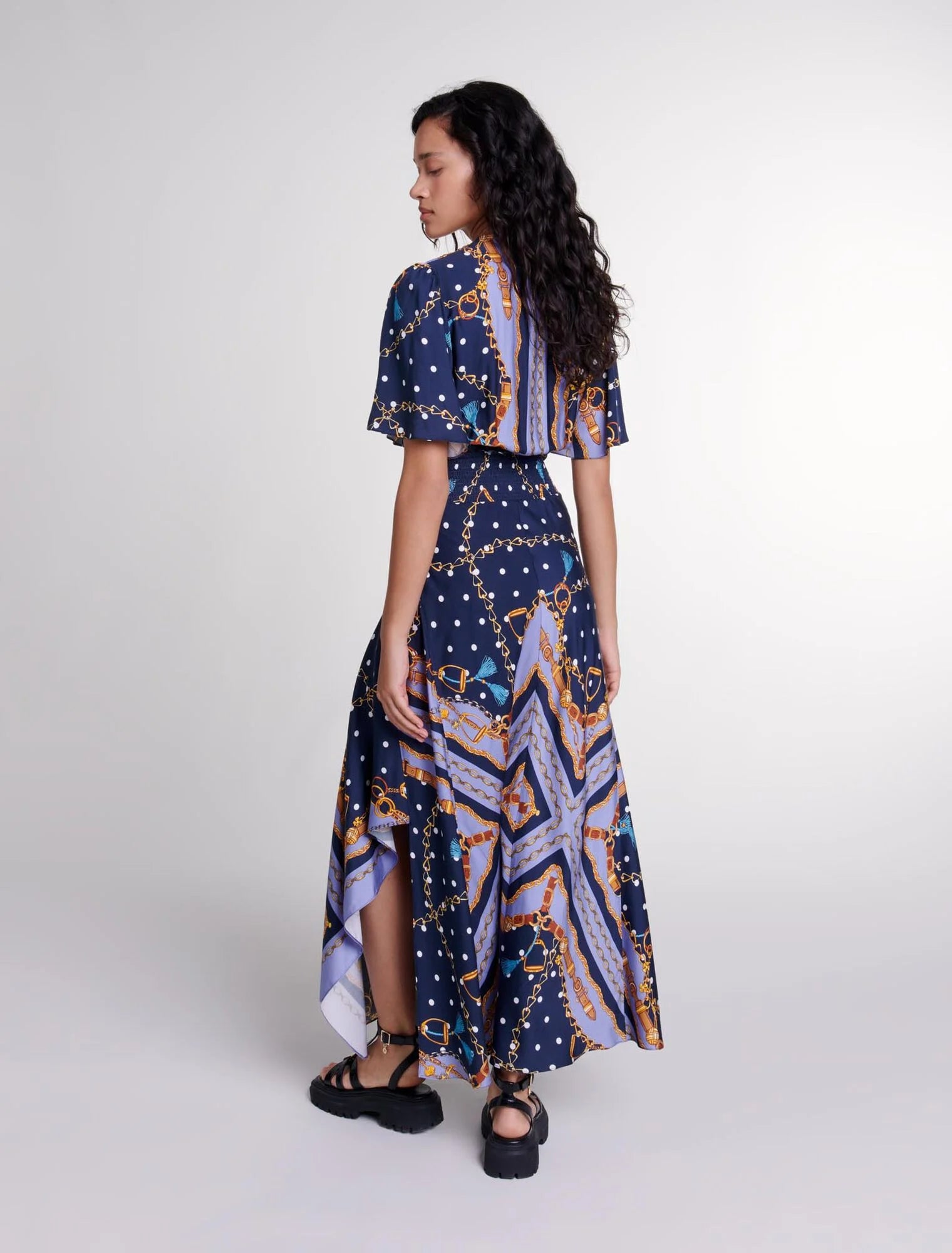 Chain Scarf Print Blue-Satin-look patterned maxi dress