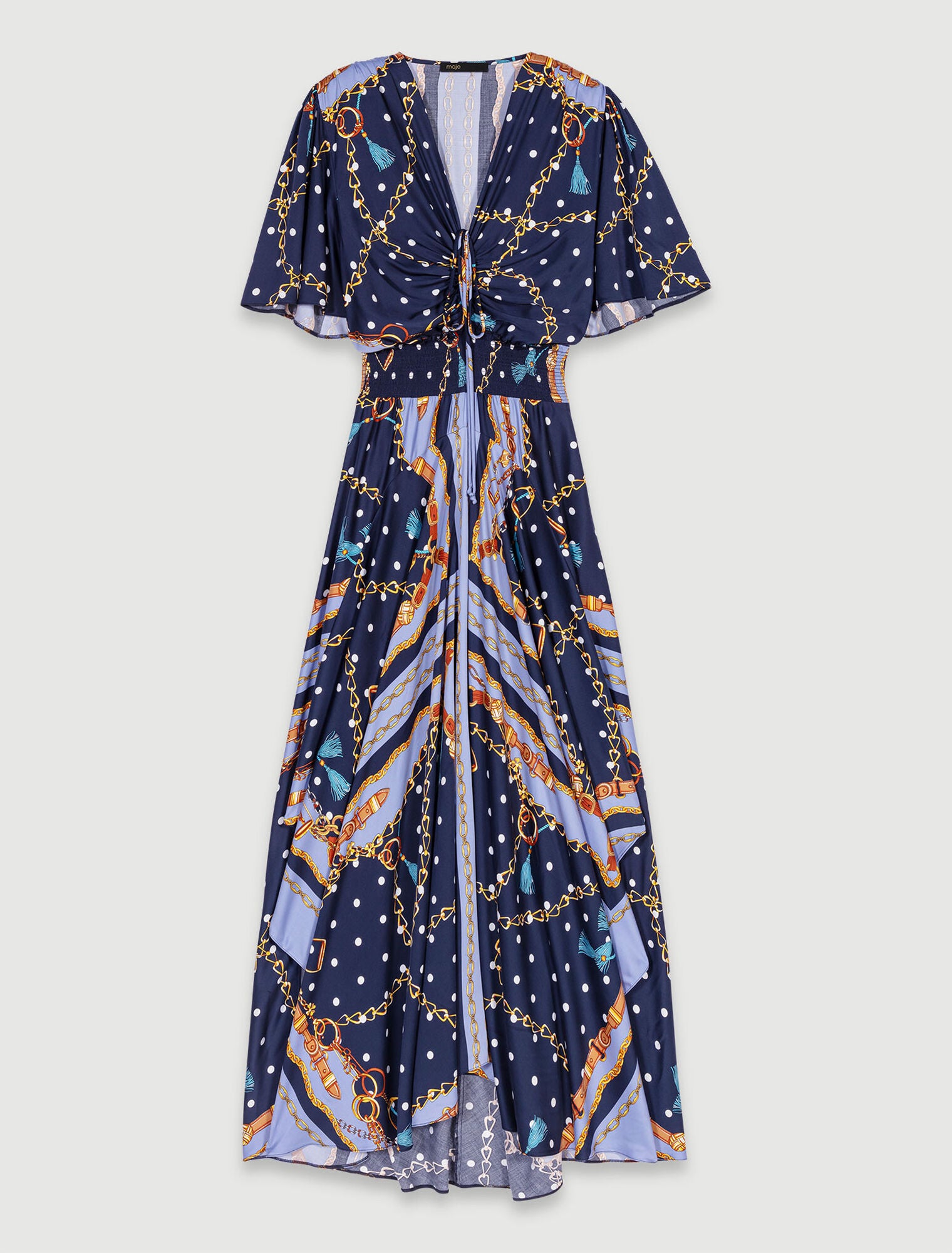 Chain Scarf Print Blue-Satin-look patterned maxi dress