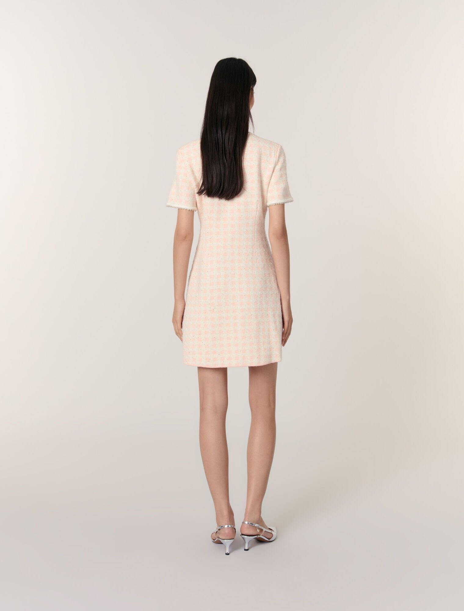 Pink/Ecru Tweed-effect knit short dress