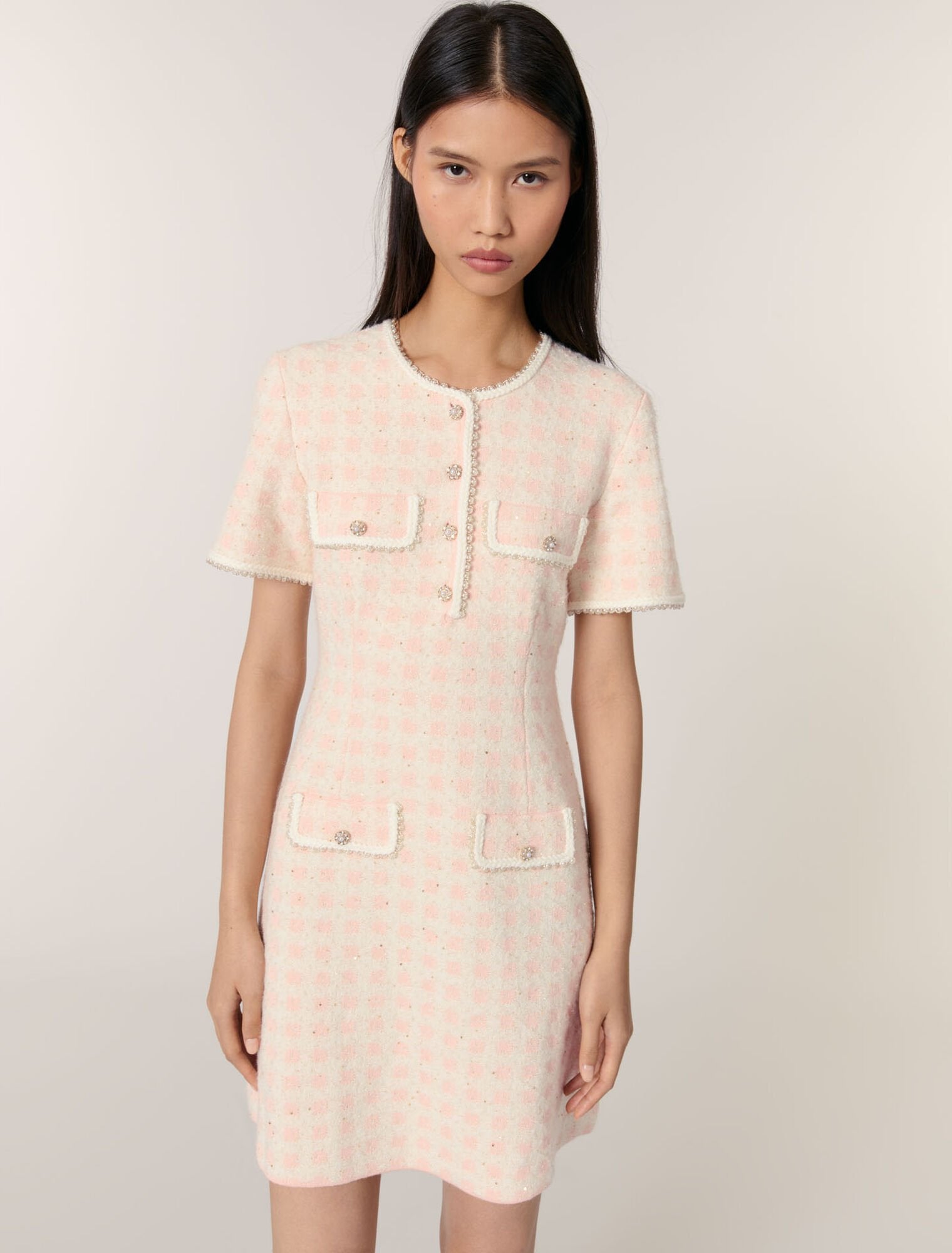 Pink/Ecru Tweed-effect knit short dress