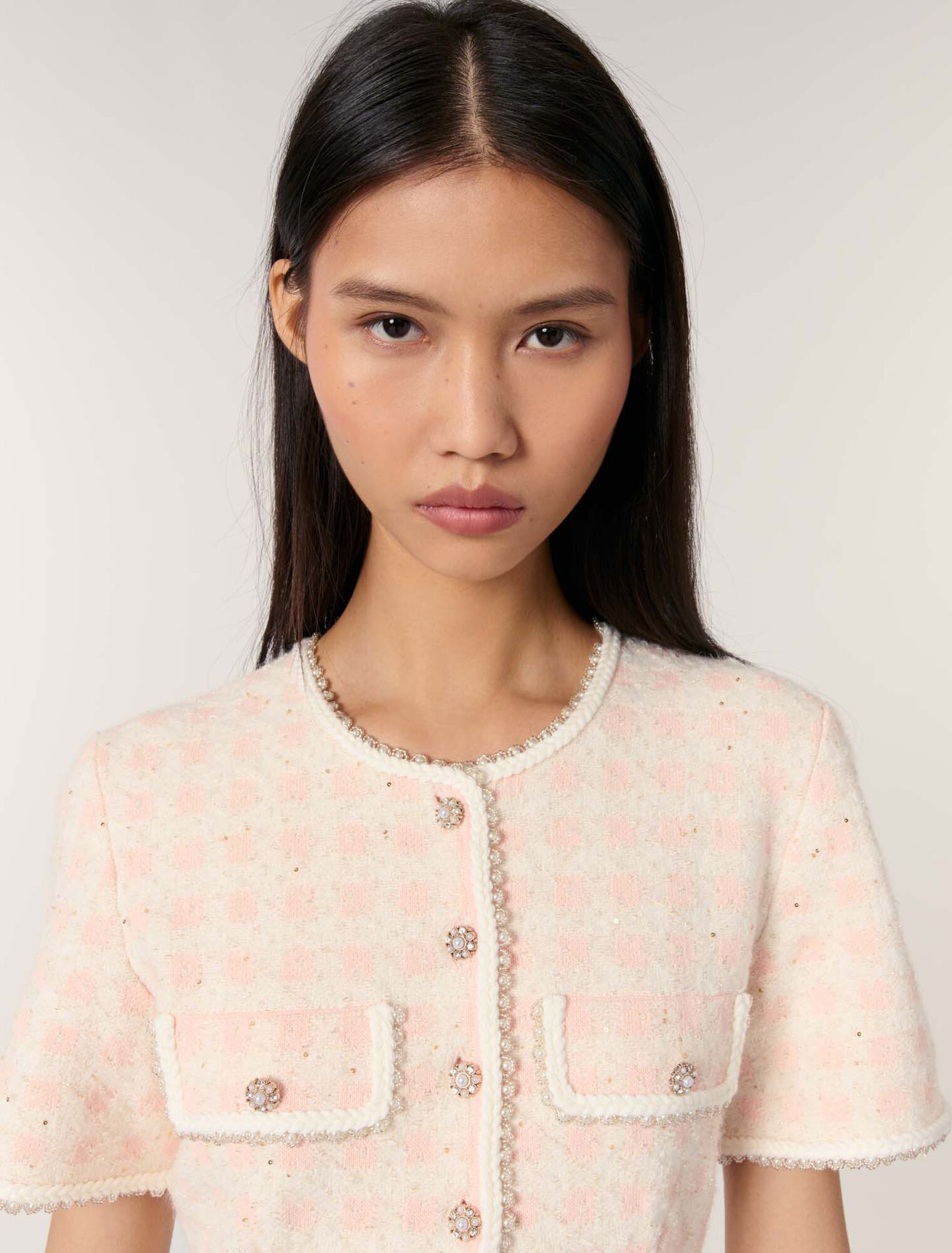 Pink/Ecru Tweed-effect knit short dress