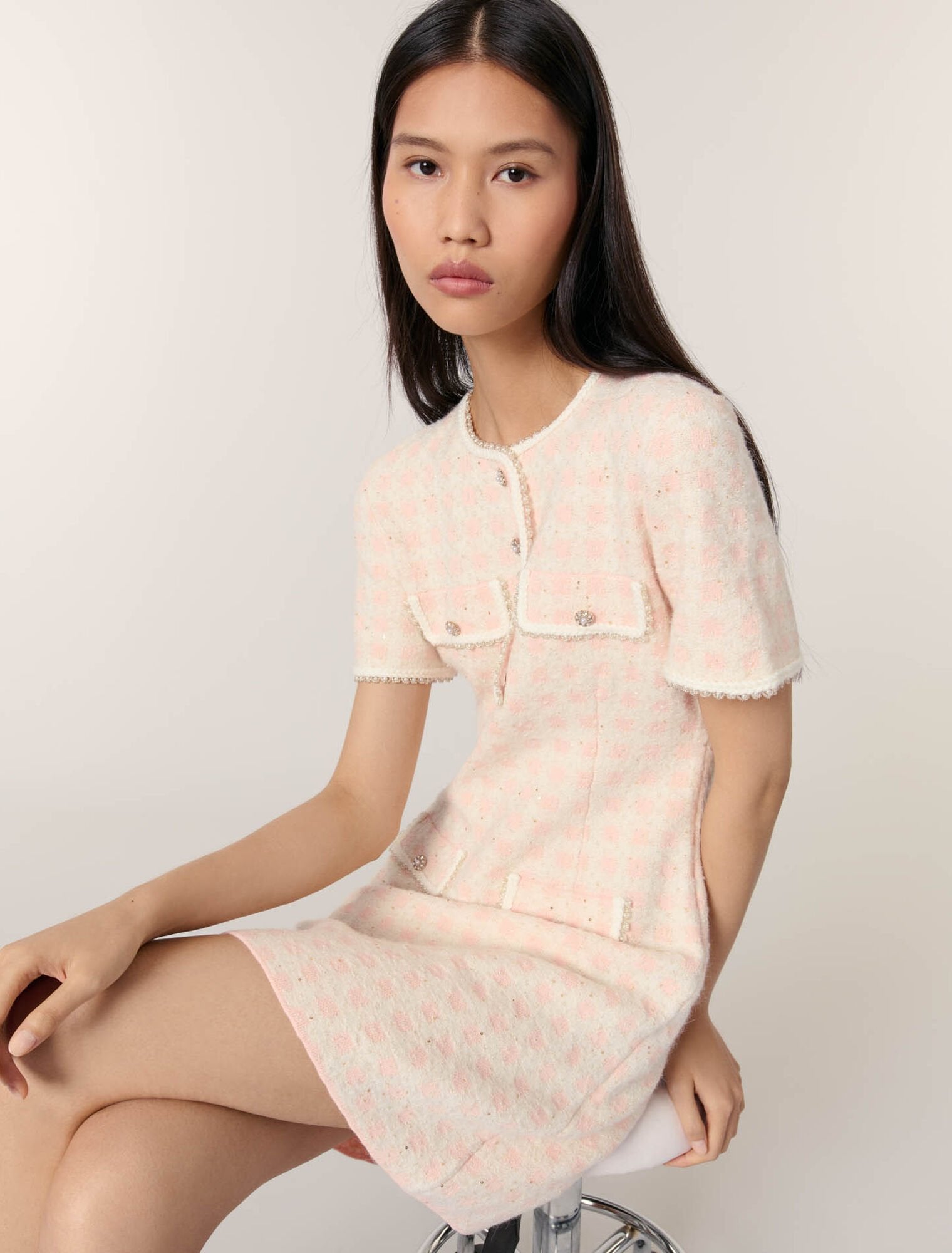 Pink/Ecru Tweed-effect knit short dress