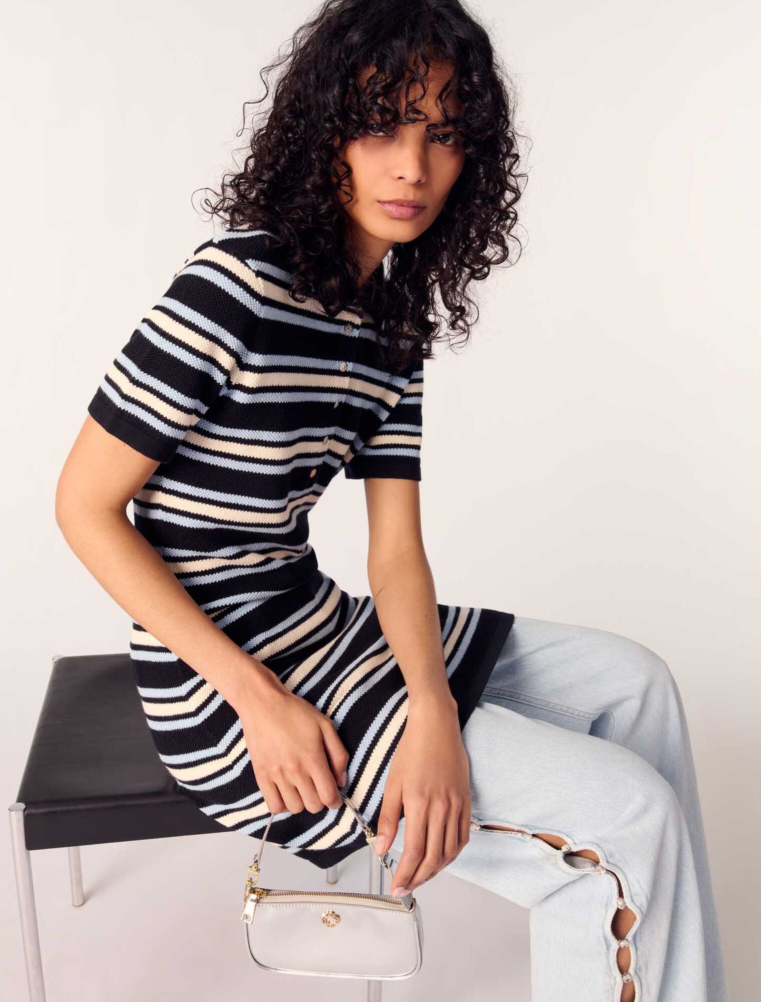 Navy Stripes-Knit Mini Dress