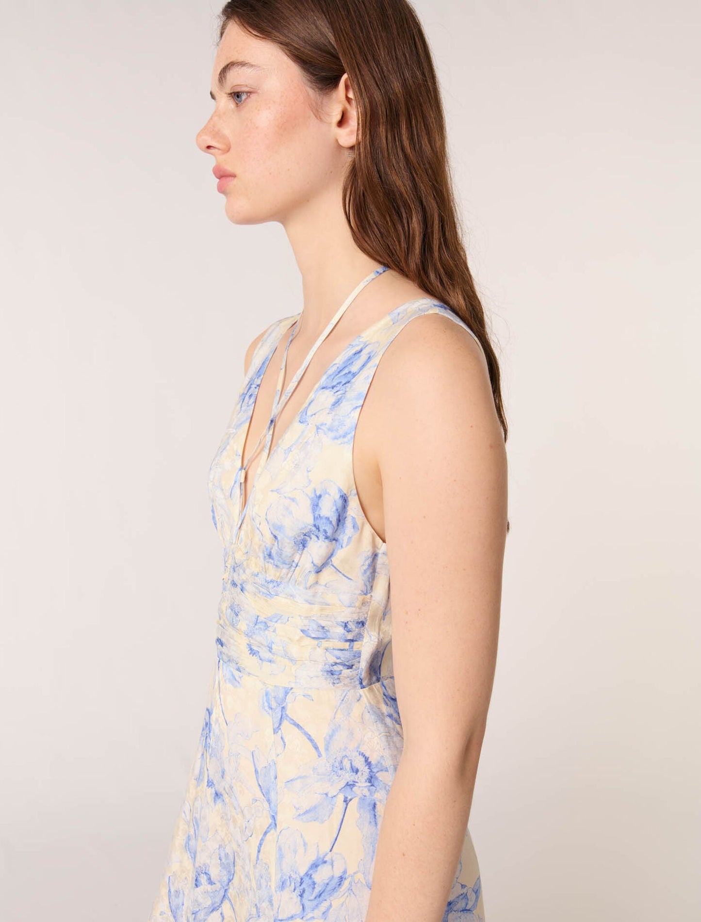 Blue Flower Print Ecru Base-Patterned maxi dress with lacing