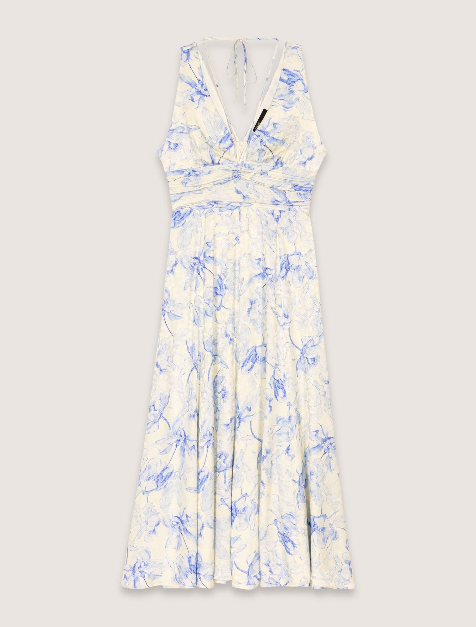 Blue Flower Print Ecru Base-Patterned maxi dress with lacing