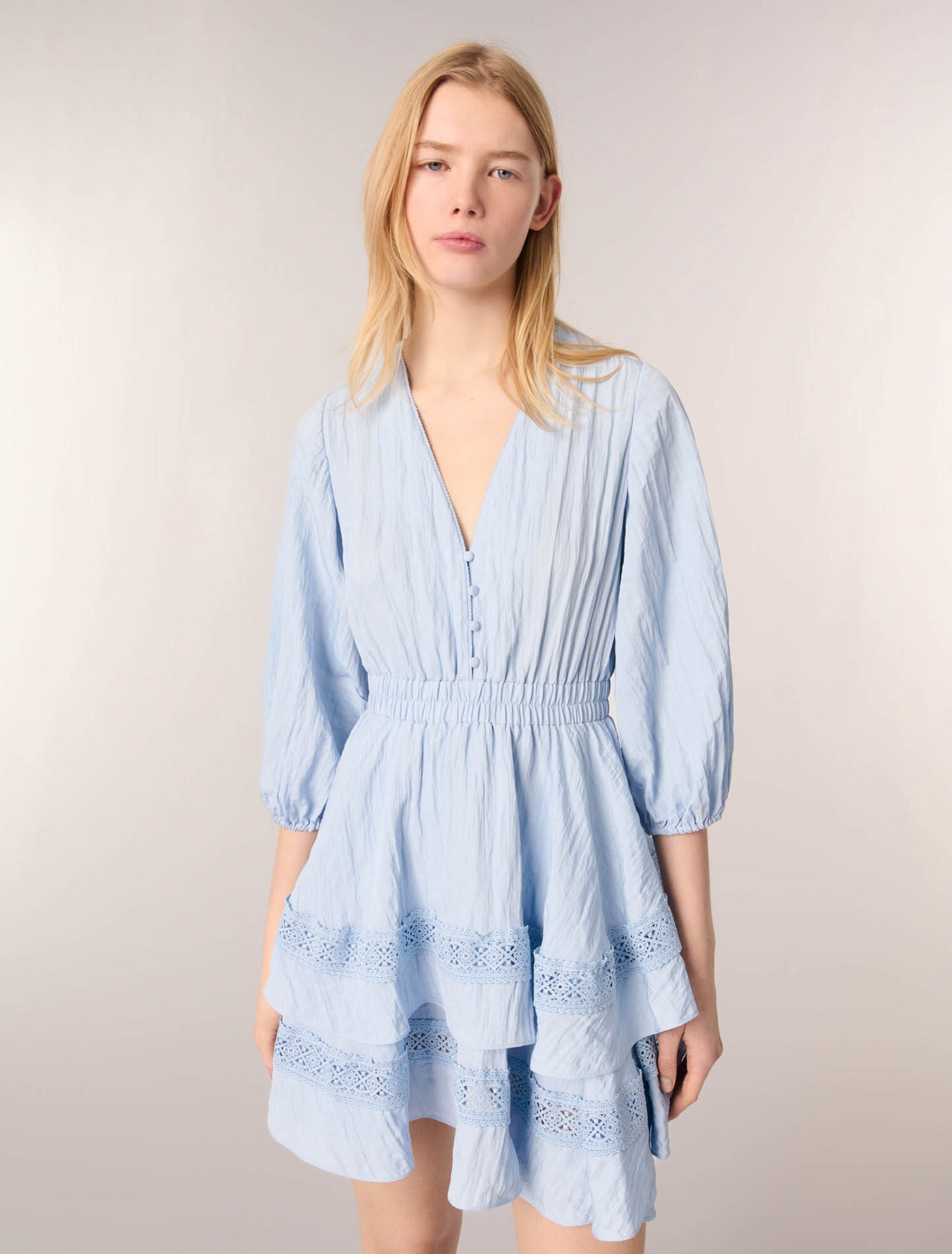 Blue Sky-Dress with ruffles and lace details