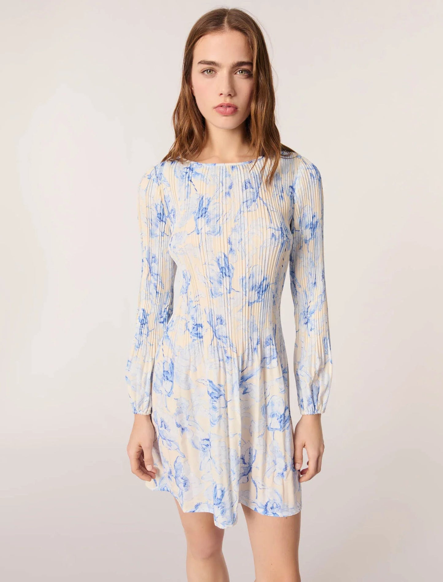Blue Flower Print Ecru Base-Patterned Pleated Dress