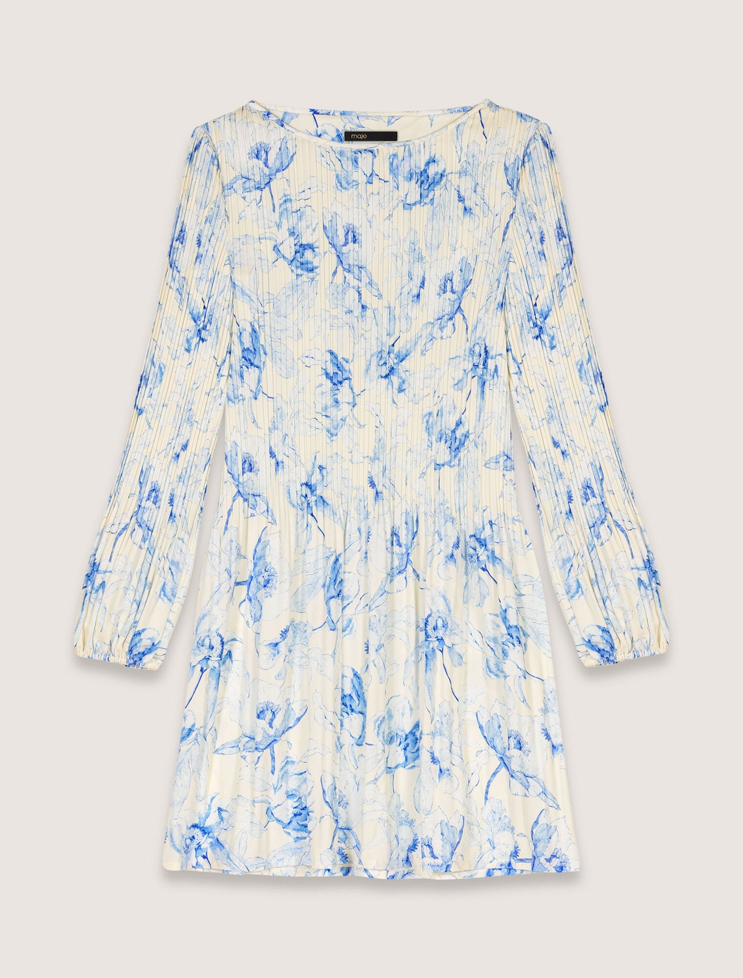 Blue Flower Print Ecru Base-Patterned Pleated Dress