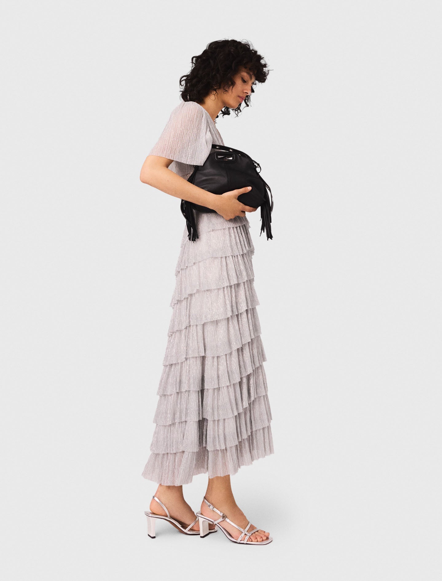 maje metallic ruffled dress Maje Metallic Ruffled Midi Dress | Blue