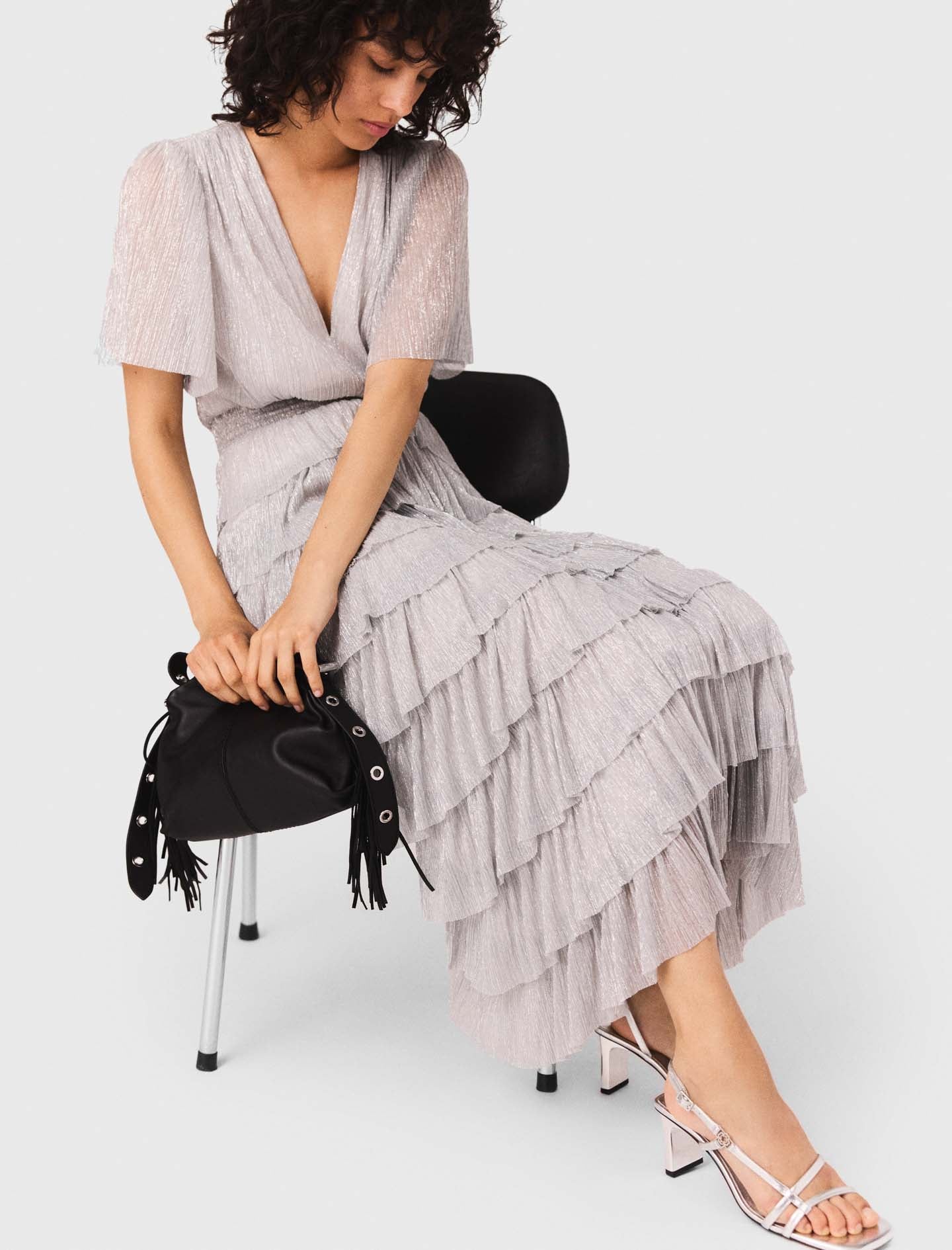 maje metallic ruffled dress Maje Ruffiba Metallic Ruffled midi Dress