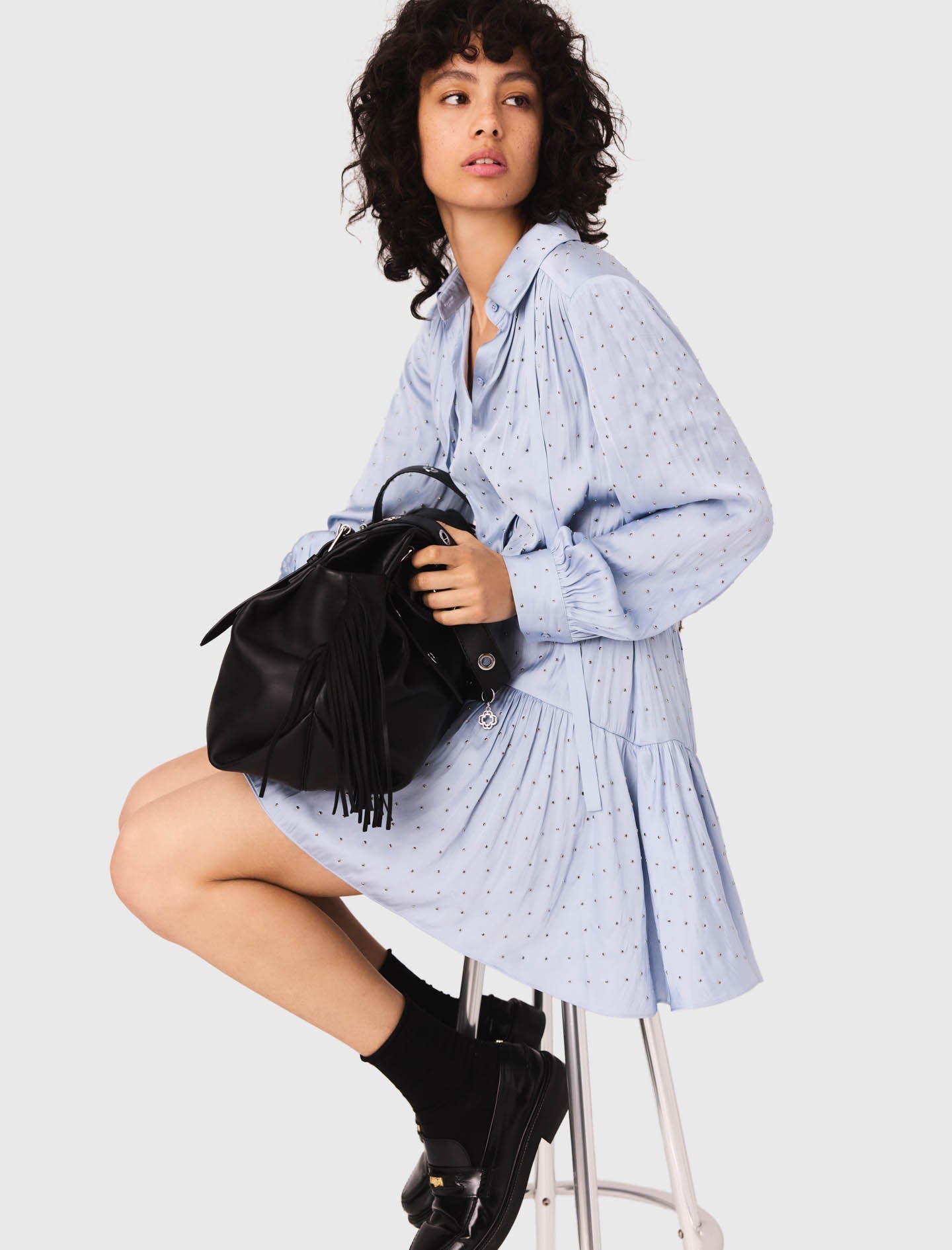 美品　L'or ロル かじまり Pleats Shirt Dress Roll Up Sleeve Shirt Midi Dresses for Women Button Down