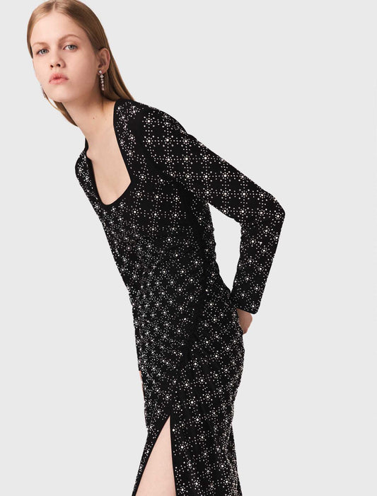 Beaded and rhinestone maxi dress Black