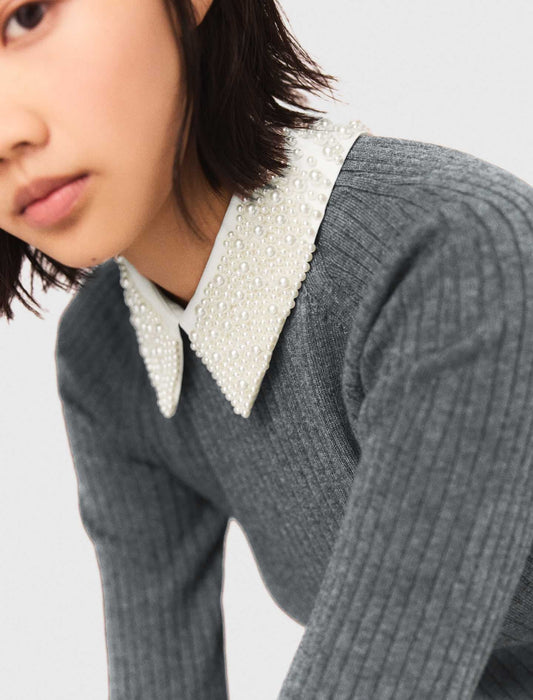 Beaded-collar short knit dress GREY