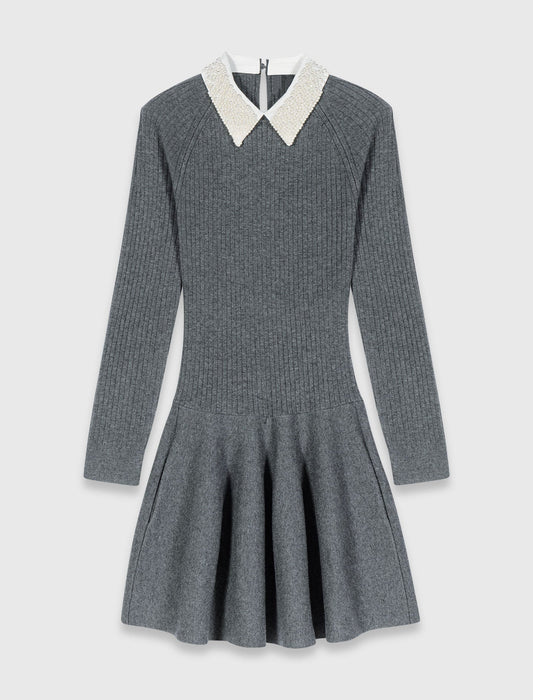 Beaded-collar short knit dress GREY