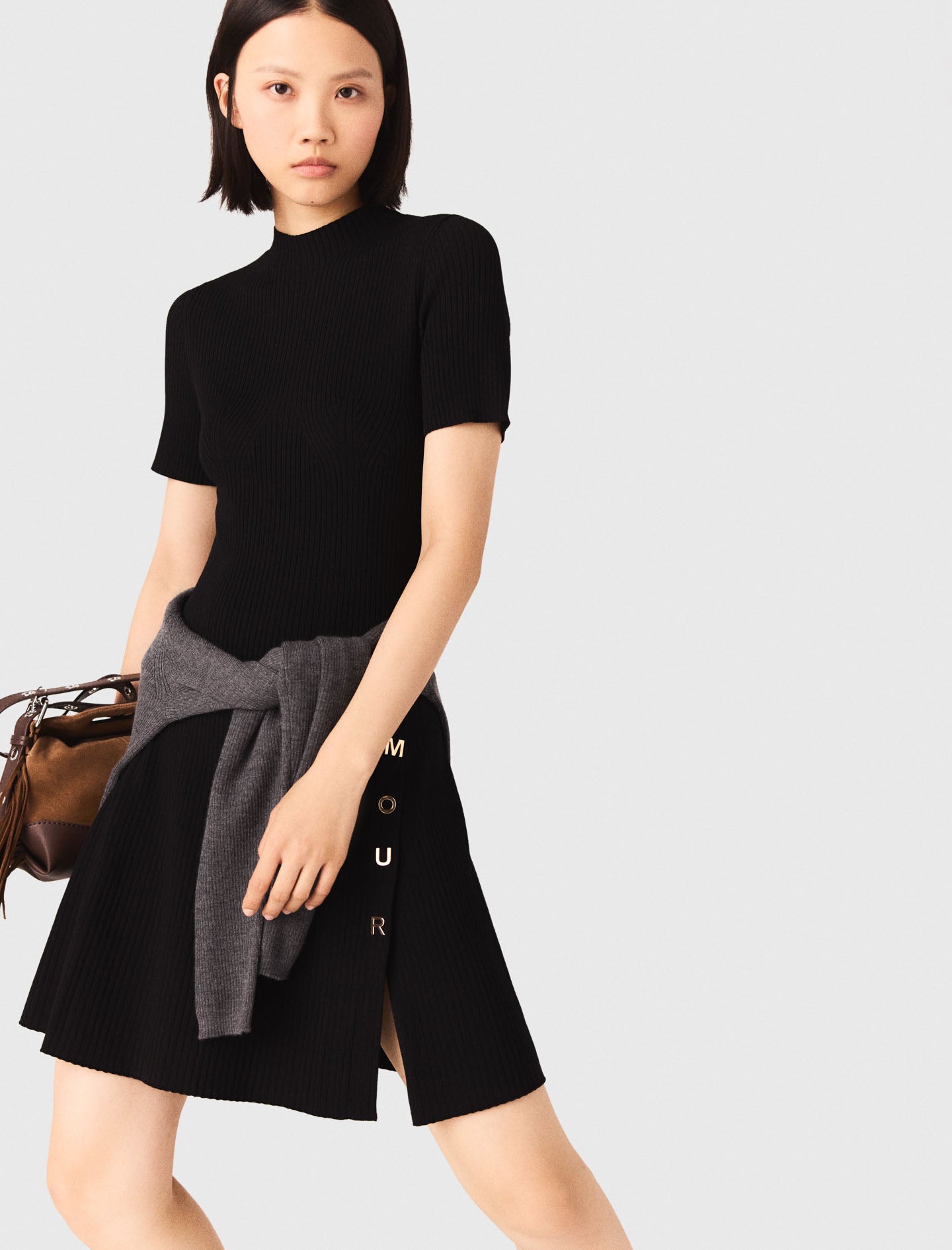 Short Knit Button Dress Black