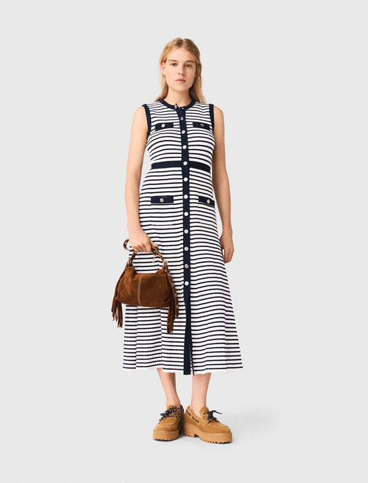 Breton Stripe Knit Maxi Dress Ecru/Navy Blue