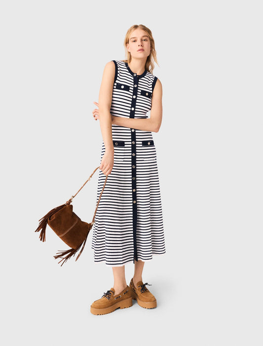 Breton Stripe Knit Maxi Dress Ecru/Navy Blue